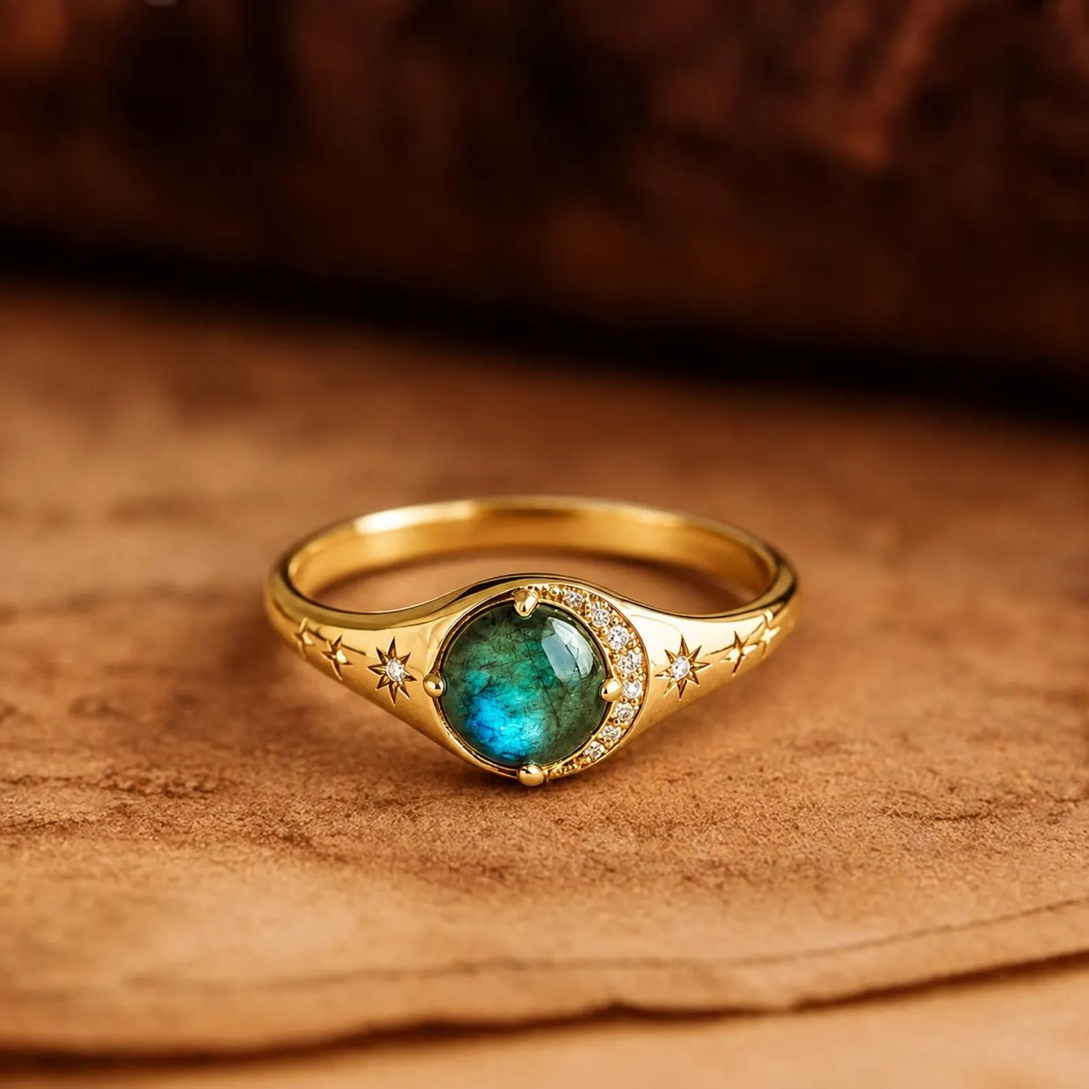 Vintage Natural Labradorite Diamond Summer jewelry, Moon Crescent Wedding Ring Diamond Moon And Star Ring Minimalist Summer Gift Anniversary