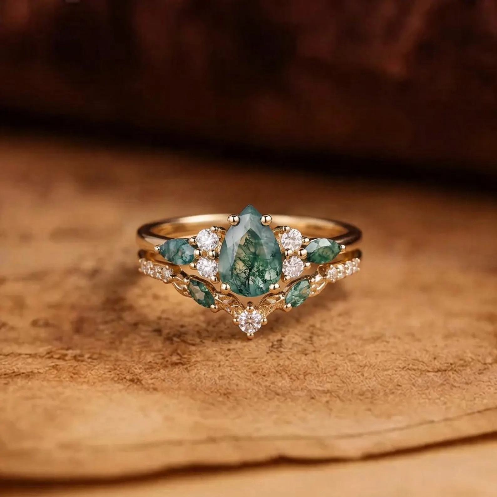 Pear Moss Agate Engagement Ring Set Dainty Solid Gold Green Agate Wedding Ring Diamond Filigree Bridal Set Nature Inspired Promise Ring