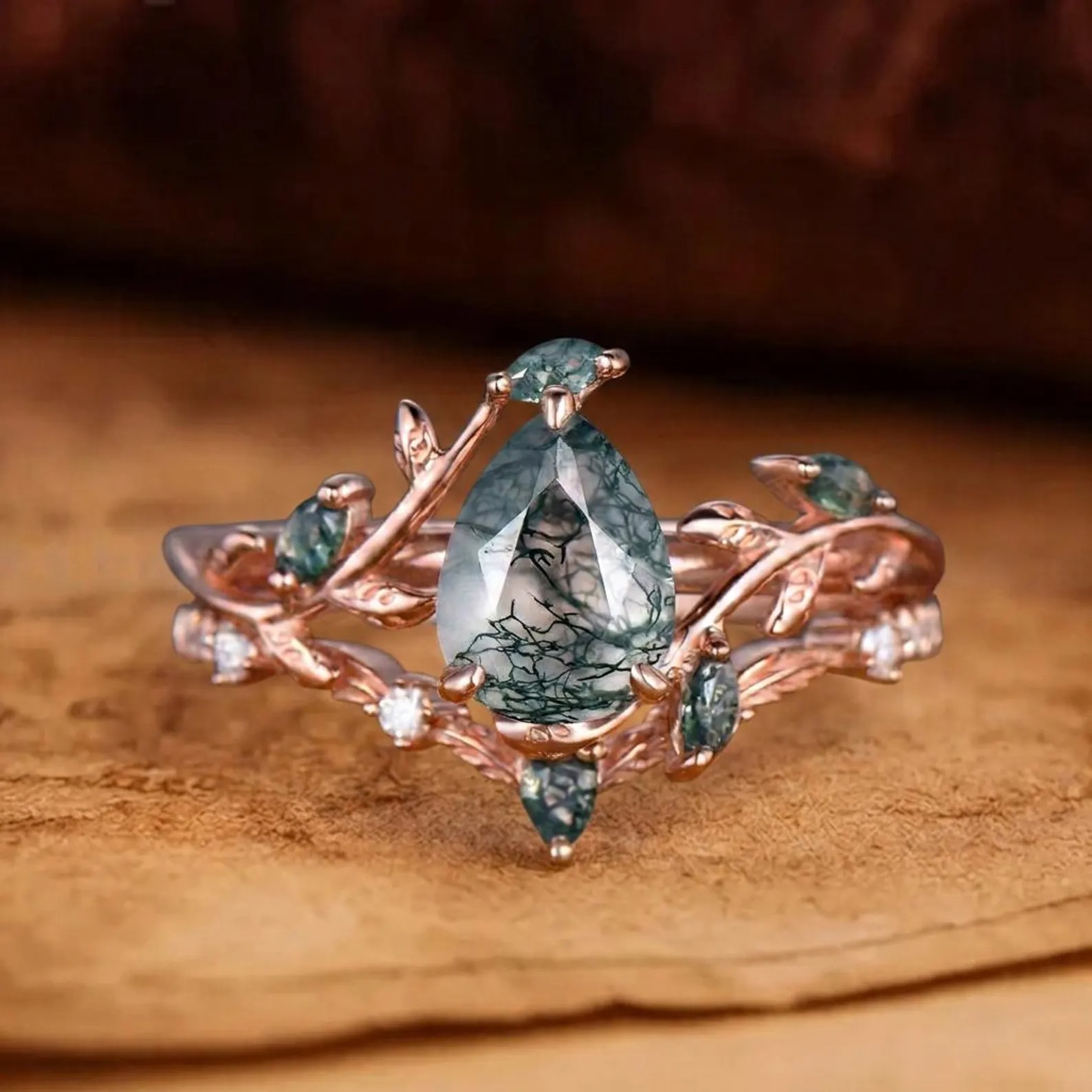Vintage pear cut green moss agate engagement ring rose gold art deco cluster leaf nature inspired bridal promise wedding ring set women