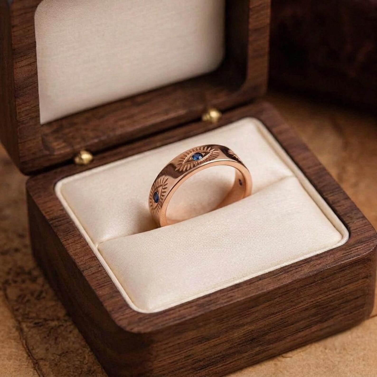 Vintage Karma Eya Sapphire ERing Evil Eye Engraved Band is in 14K Solid Gold & Variants, Women Jewelry Gift for Her, Wide Minimalist Ring