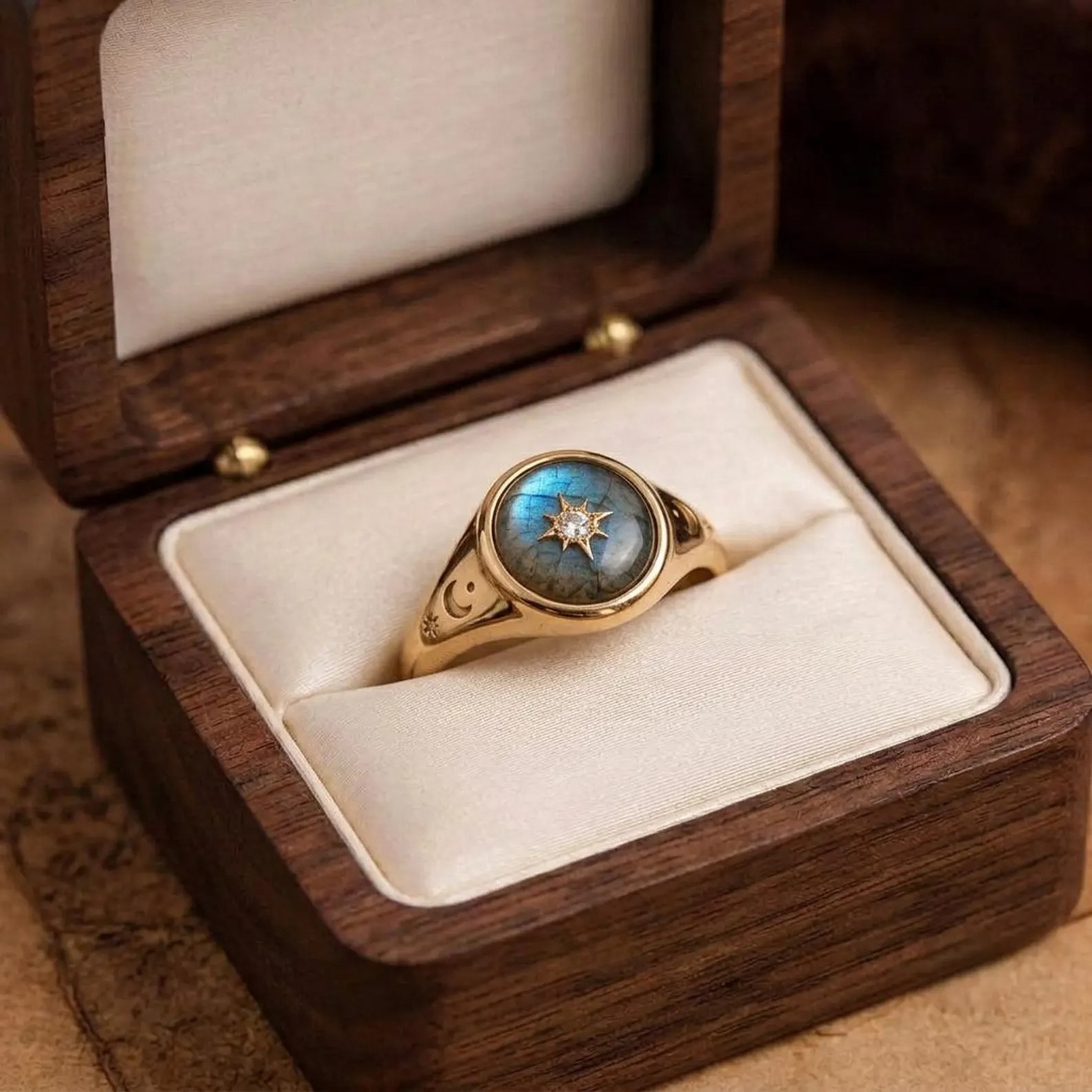 Natural Labradorite Signet Ring, Celestial Gold Ring, Moissanite Star Ring, Blue Flash Gemstone, Vintage Gift for Her