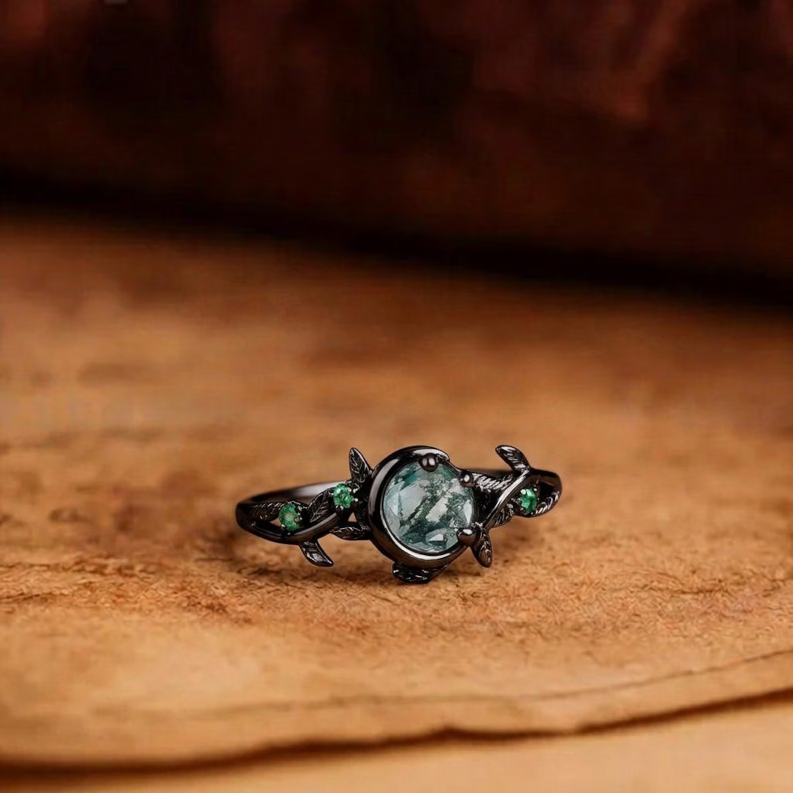 Moss Agate Gold Ring • Round Moss Agate Ring • Leaf Vine Nature Design • Handmade Green Stone Ring • Round Emerald Ring