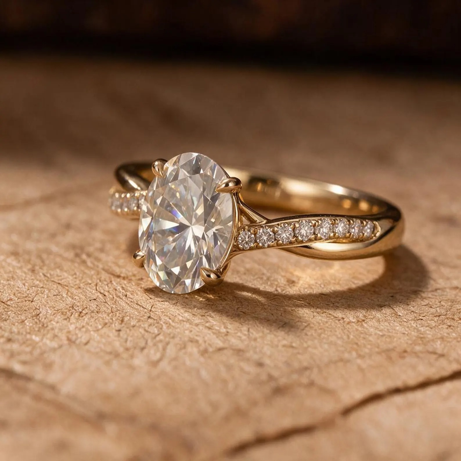 Oval Moissanite Engagement Ring, Infinity Twist Band, Round Accent Stones, Dainty Bridal Ring, Minimalist Proposal Ring, Diamond Alternative