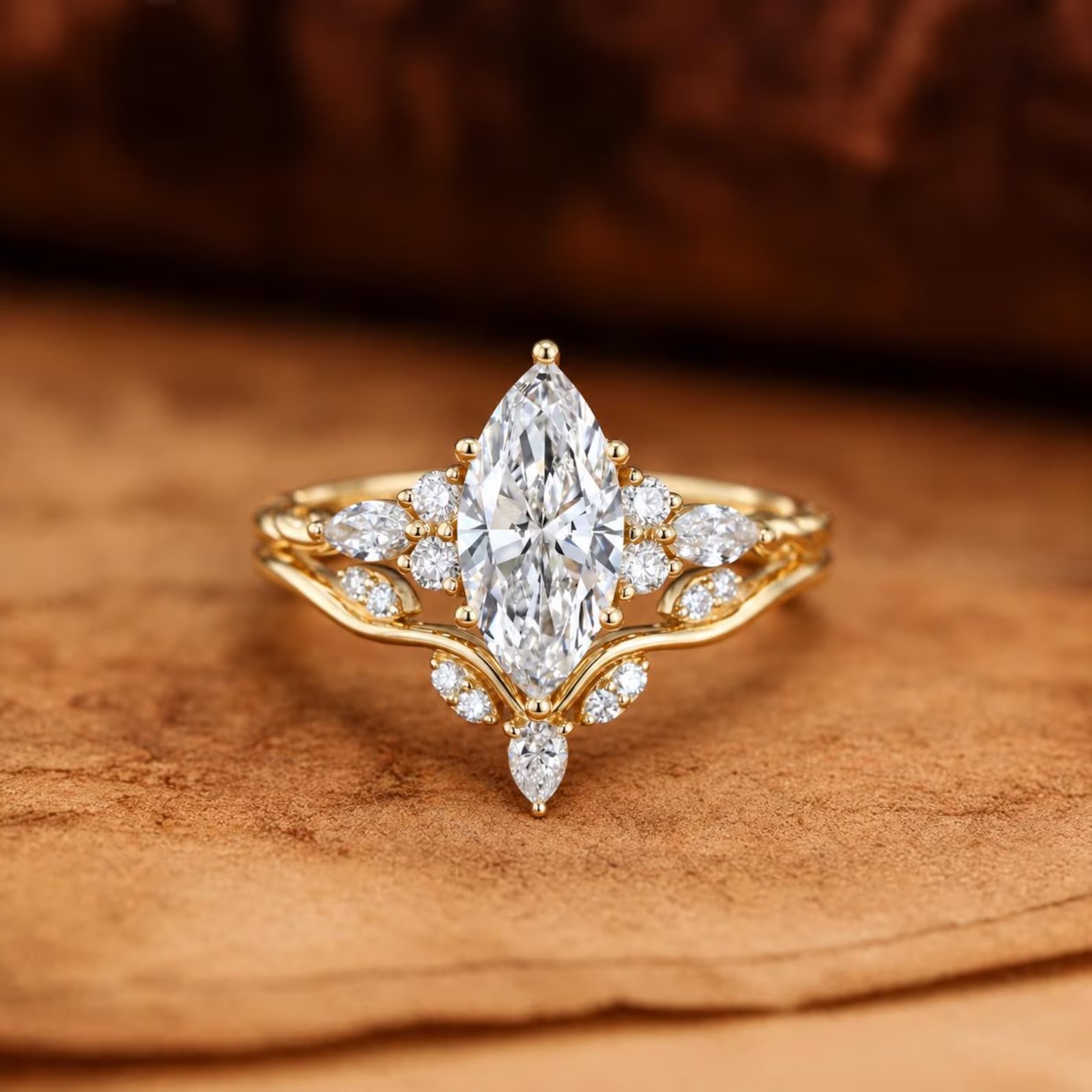 IGI Certificate Marquise Lab Diamond Engagement Ring Set, Lab Diamond Cluster ring Yellow Gold Twist Bridal Set Promise Gift For Women