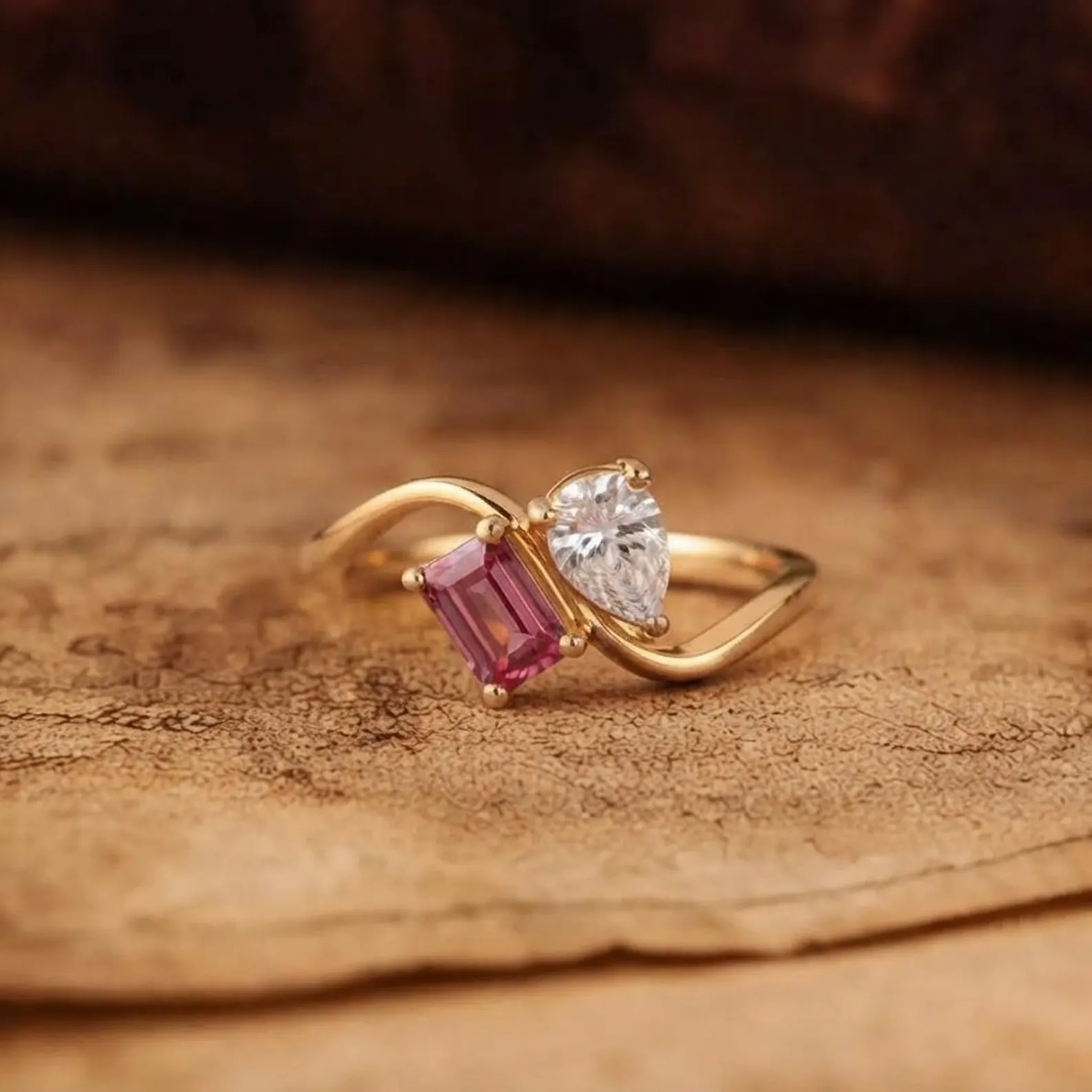 Toi Et Moi Ring Personalized, Twin Birthstone Ring, Dainty 14K Gold Plated Ring, Custom Couple Jewelry, Anniversary Gift, Gift For Her