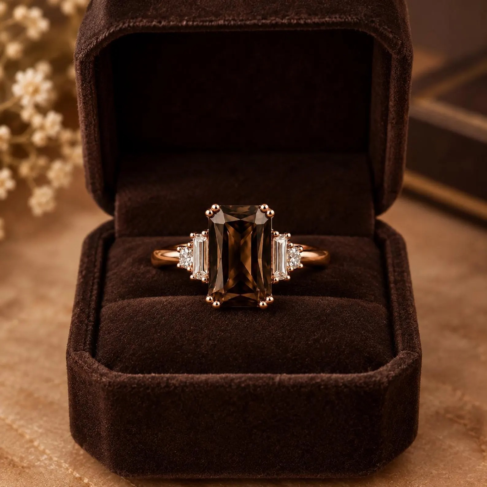 Radiant Smoky Quartz Ring, 14K Gold Five Stone Ring, Baguette Diamond Side Stones, Vintage Engagement Ring, Brown Gemstone Ring Gift for Her