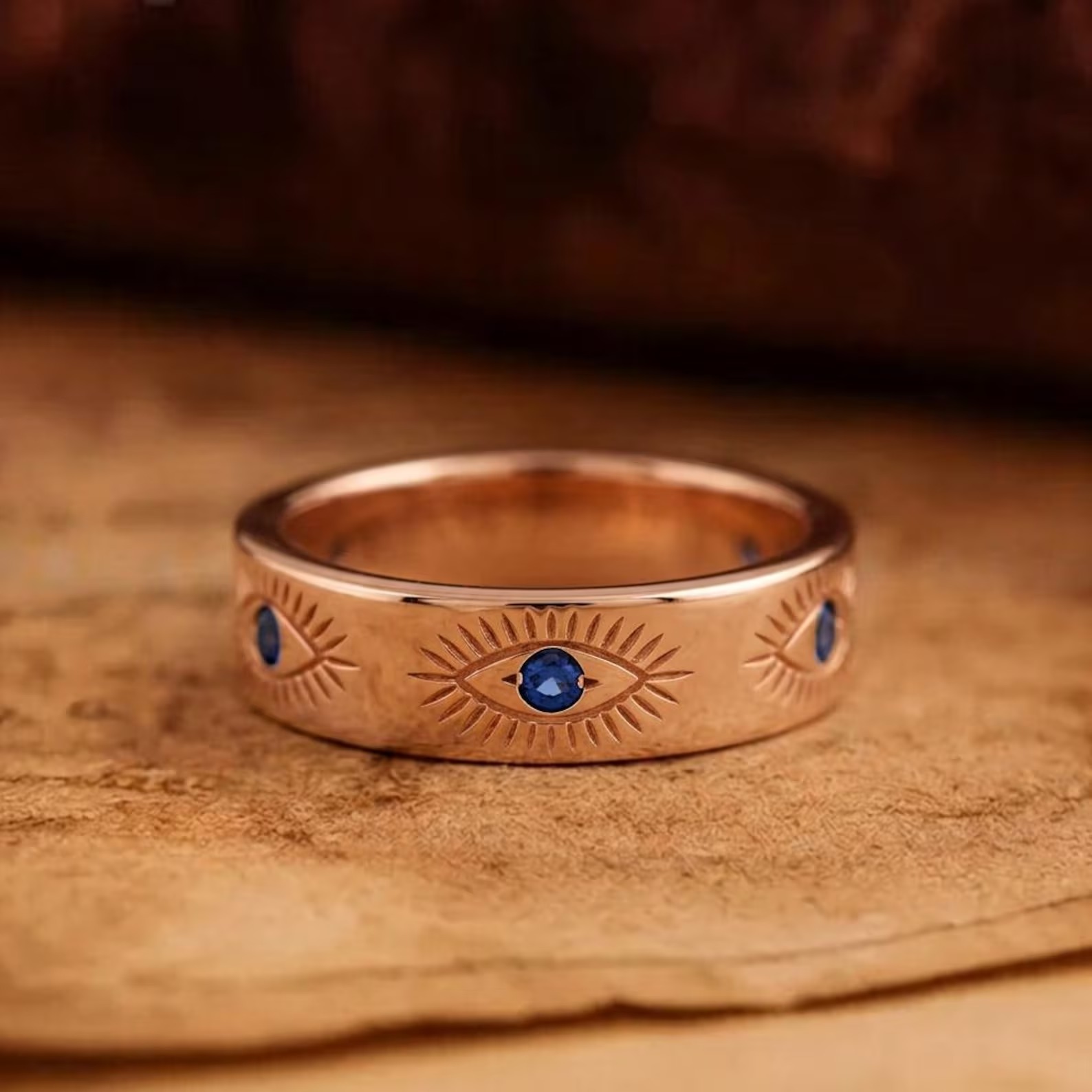 Vintage Karma Eya Sapphire ERing Evil Eye Engraved Band is in 14K Solid Gold & Variants, Women Jewelry Gift for Her, Wide Minimalist Ring
