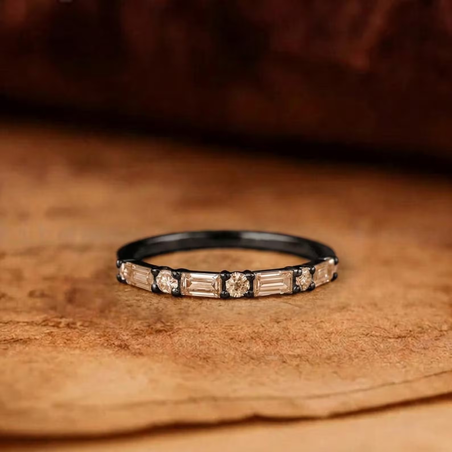 Dainty Moissanite Baguette Ring, Gold Stacking Wedding Band for Her, Thin Bridal Anniversary Ring, Elegant Minimal Promise Jewelry