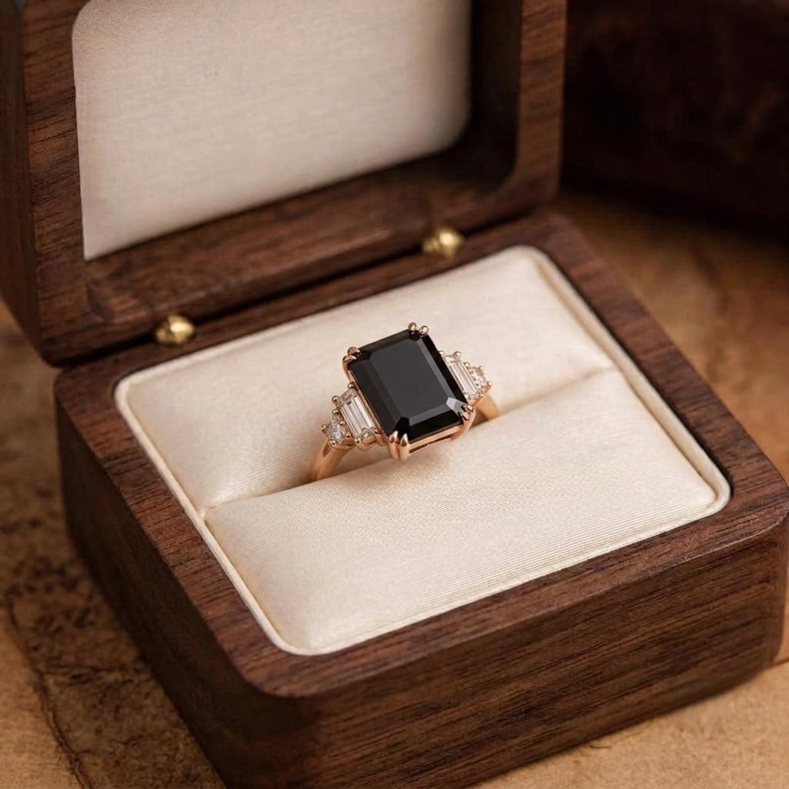 Radiant Natural Onyx Ring, 14K Gold Five Stone Ring, Baguette Diamond Side Stones, Vintage Engagement Ring, Black Gemstone Ring Gift for Her