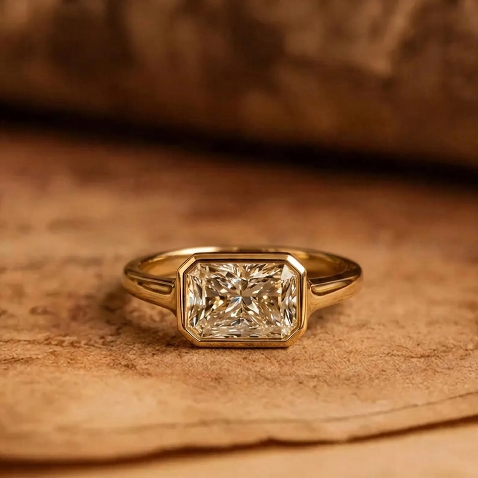 East West Radiant Cut Moissanite Engagement Ring, Bezel Set Radiant Moissanite Ring, 14K Yellow Gold ,Vintage Style Solitaire Luxury Ring
