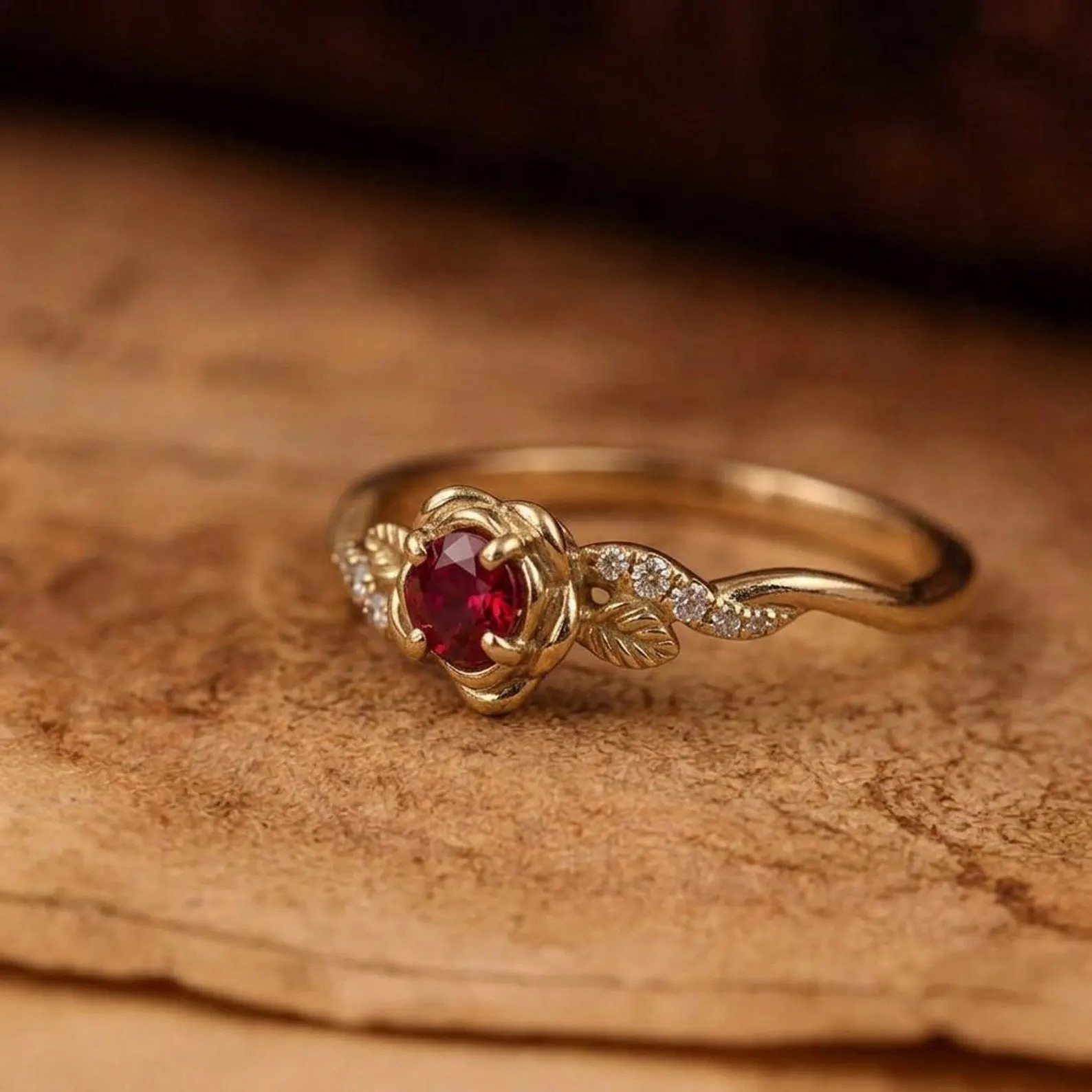Flower Ruby Engagement Ring, Floral Twist Promise Ring for Women, Nature Inspired Leaf Wedding Ring, July Birthstone