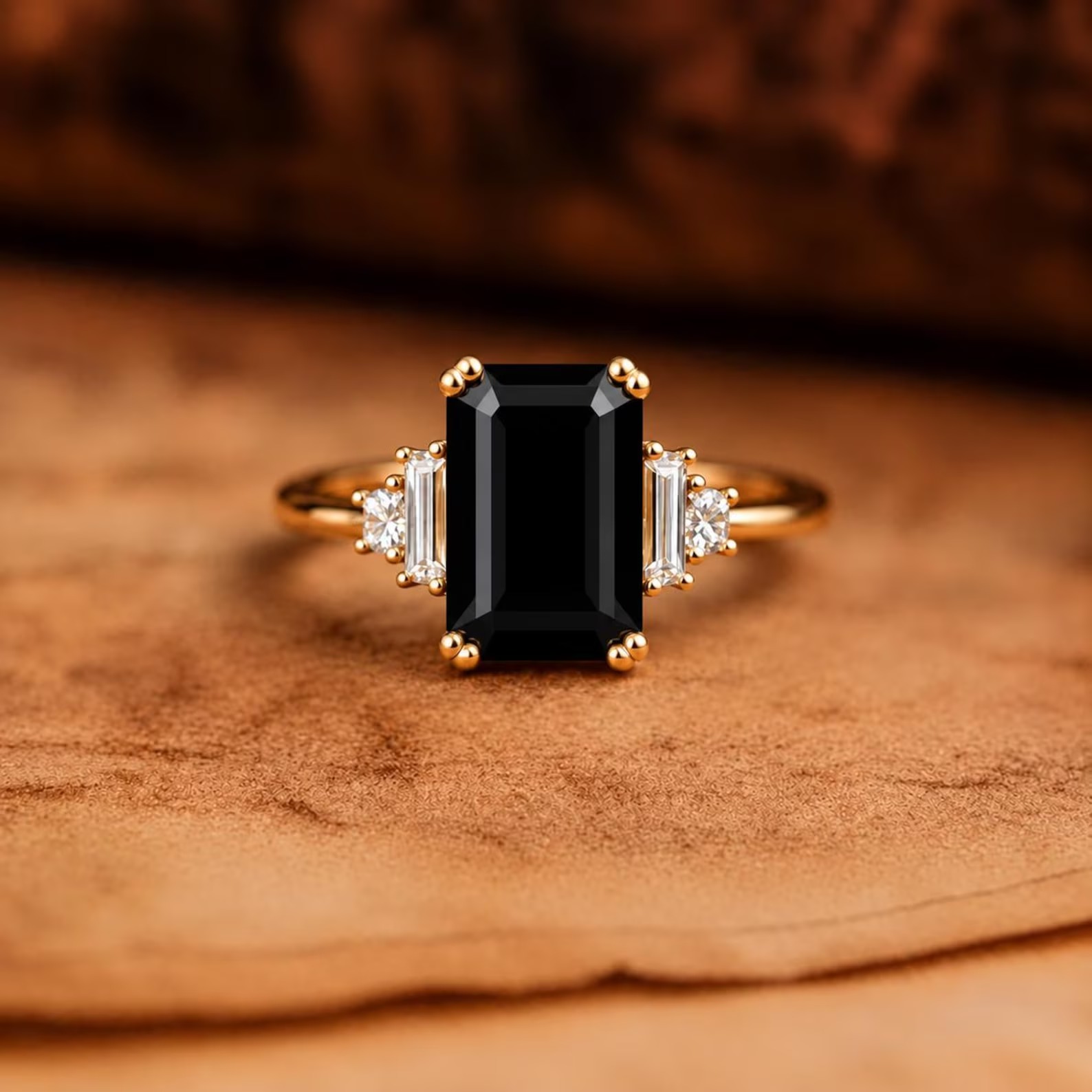 Radiant Natural Onyx Ring, 14K Gold Five Stone Ring, Baguette Diamond Side Stones, Vintage Engagement Ring, Black Gemstone Ring Gift for Her