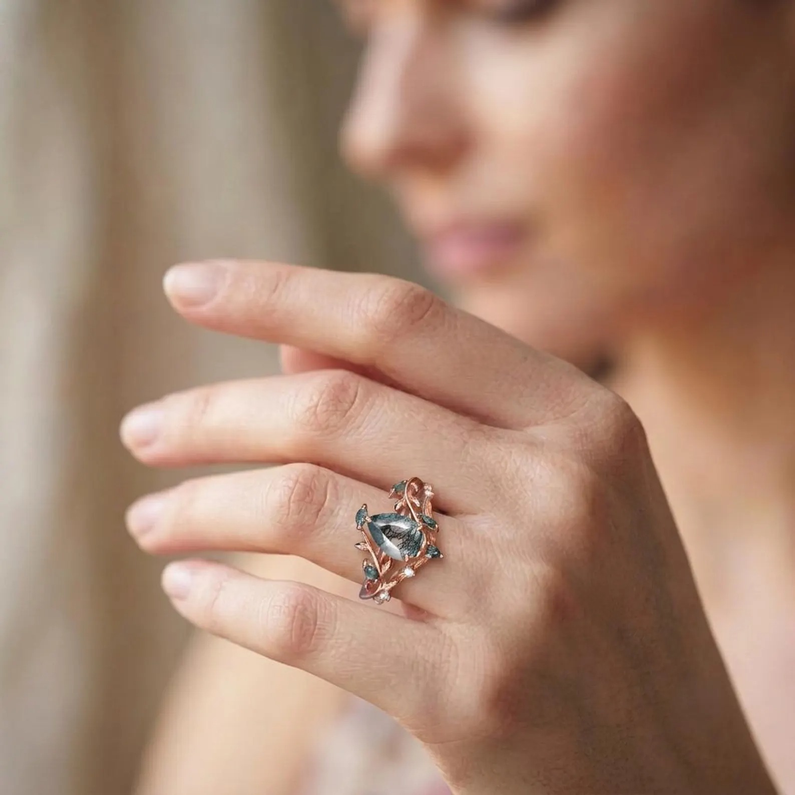 Vintage pear cut green moss agate engagement ring rose gold art deco cluster leaf nature inspired bridal promise wedding ring set women
