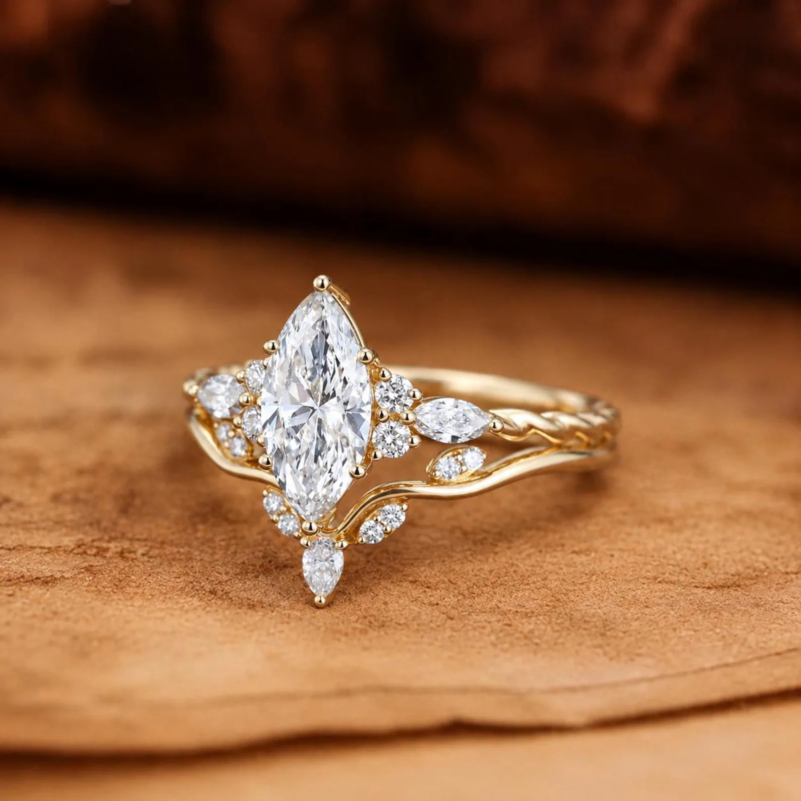 IGI Certificate Marquise Lab Diamond Engagement Ring Set, Lab Diamond Cluster ring Yellow Gold Twist Bridal Set Promise Gift For Women