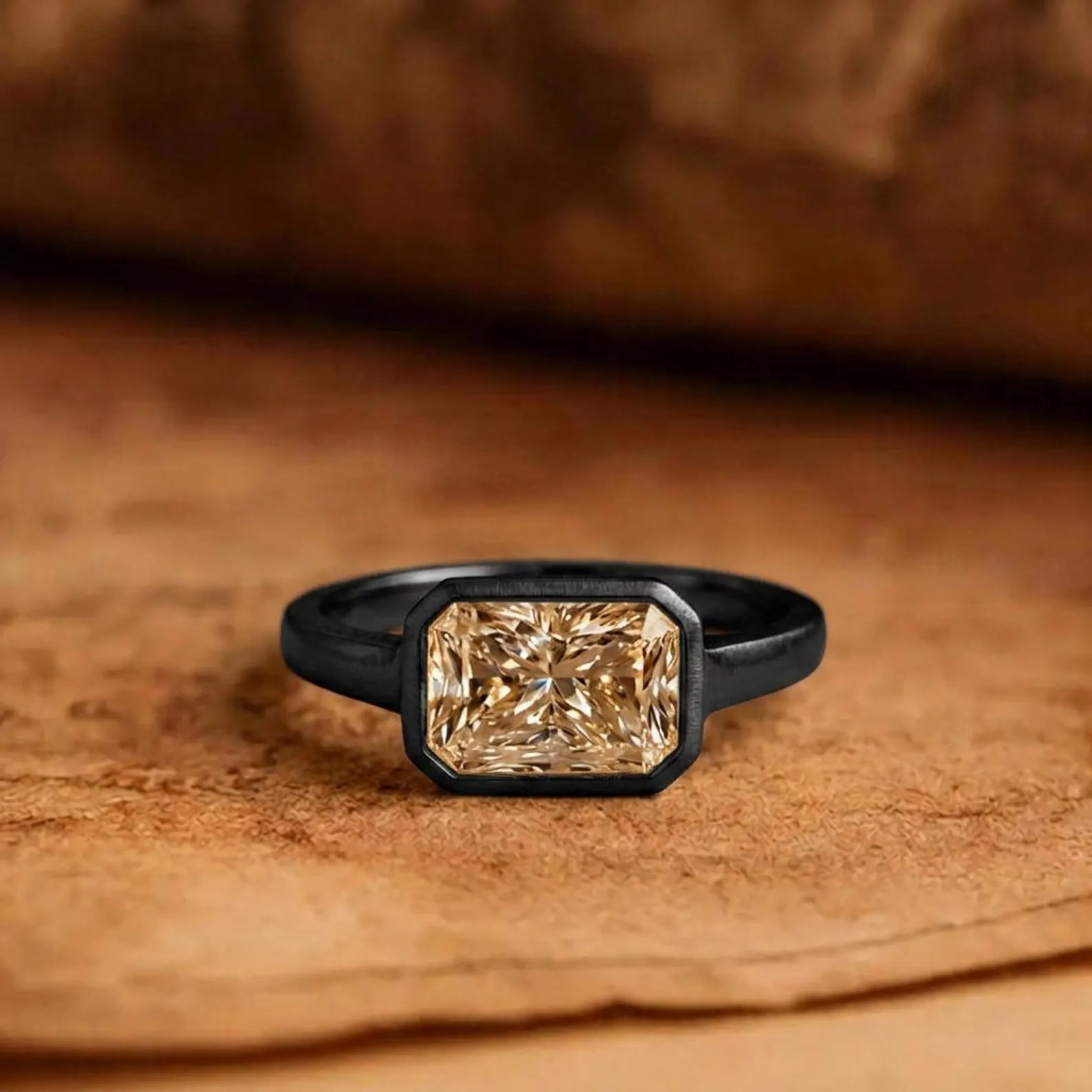 East West Radiant Cut Moissanite Engagement Ring, Bezel Set Radiant Moissanite Ring, 14K Yellow Gold ,Vintage Style Solitaire Luxury Ring