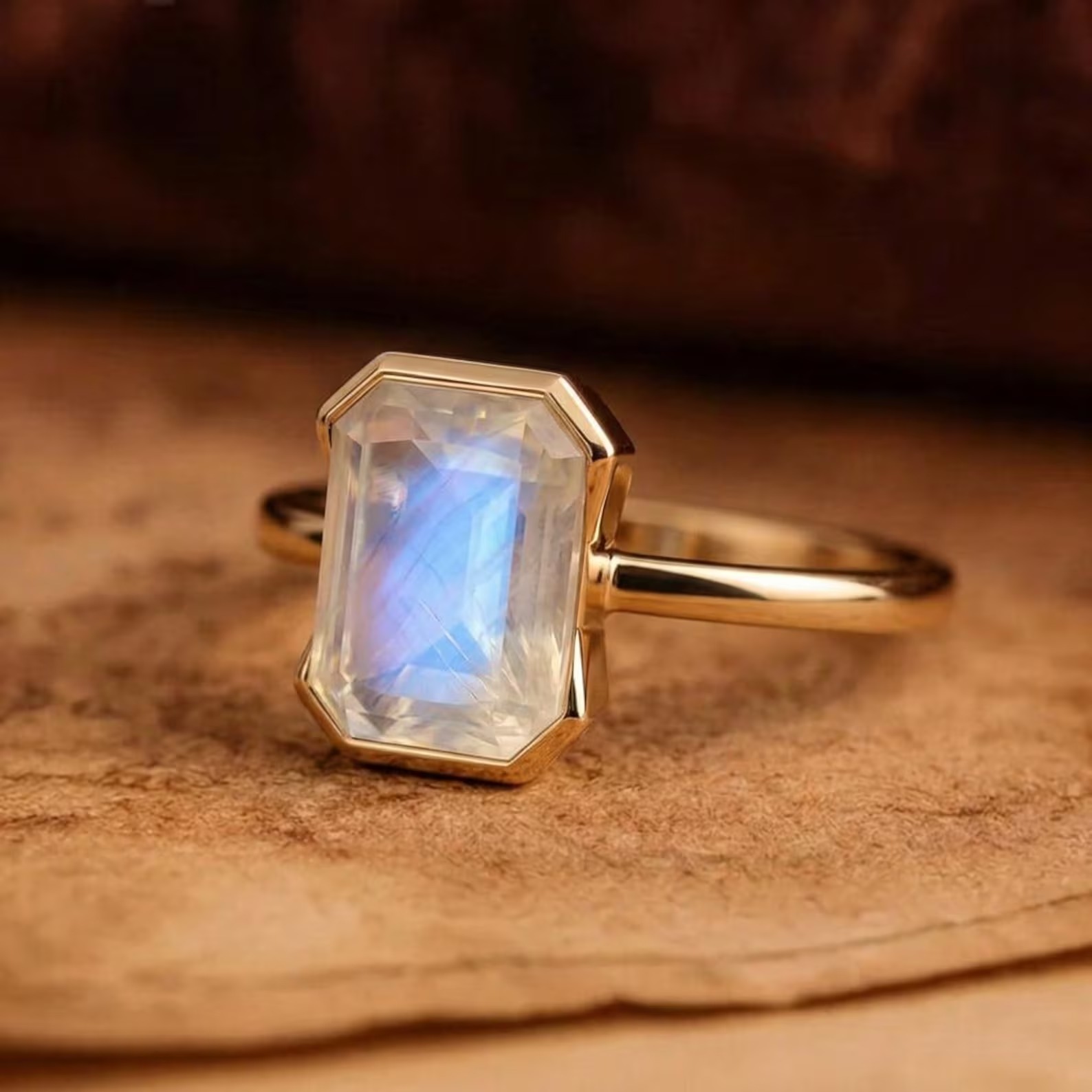 Moonstone Emerald Cut Ring, Rainbow Moonstone Statement Ring, Minimalist Gold Ring, Handmade Celestial Jewelry for Women, Bridesmaid Gift