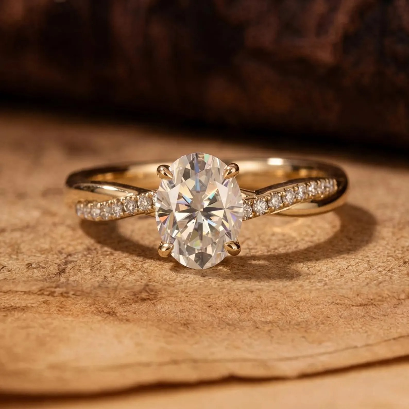 Oval Moissanite Engagement Ring, Infinity Twist Band, Round Accent Stones, Dainty Bridal Ring, Minimalist Proposal Ring, Diamond Alternative