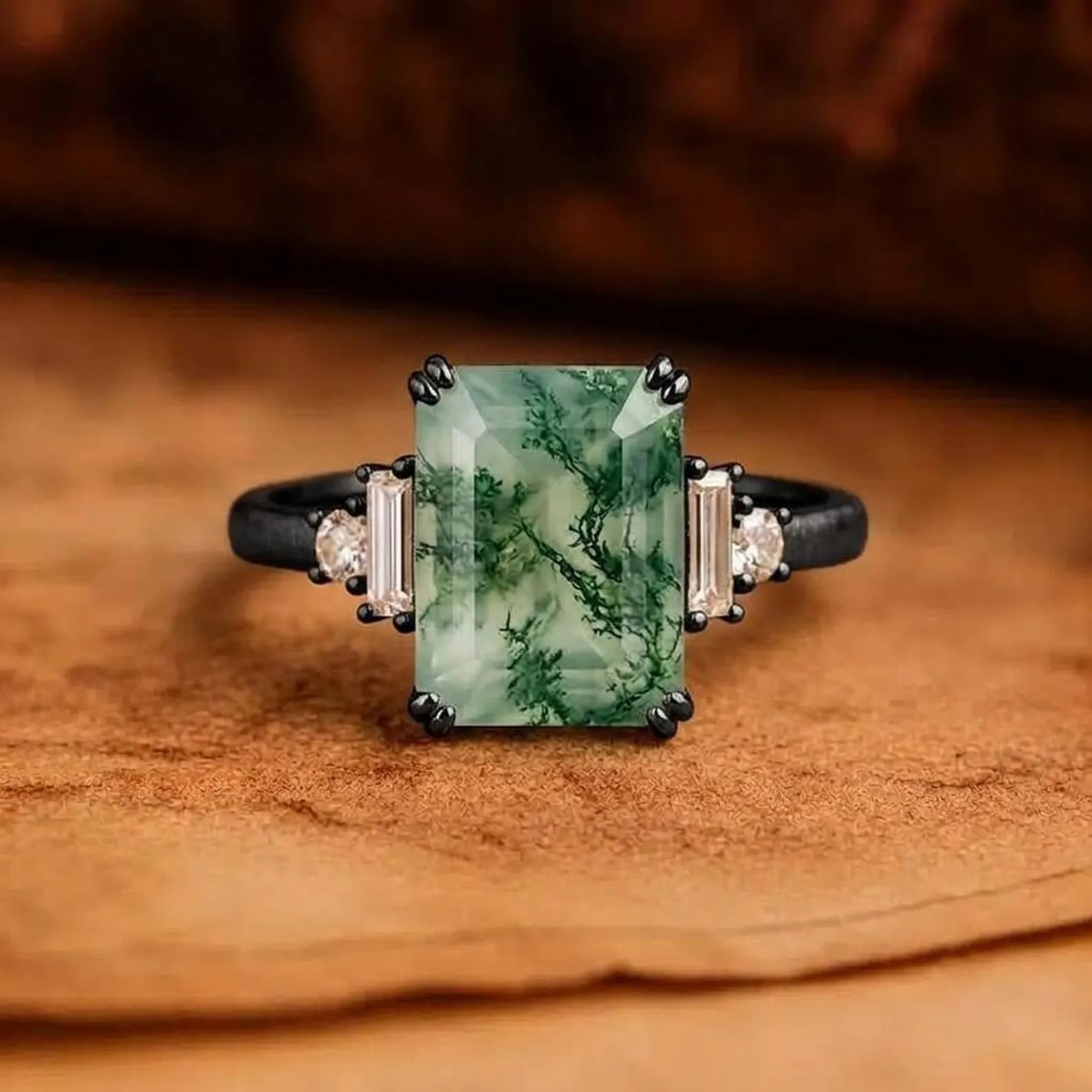 Emerald Cut Engagement Ring in 14k Solid Gold / 1.50 CT Moss Agate Engagement Ring / Emerald Art Deco Moss Agate Ring / Gold Promise Ring