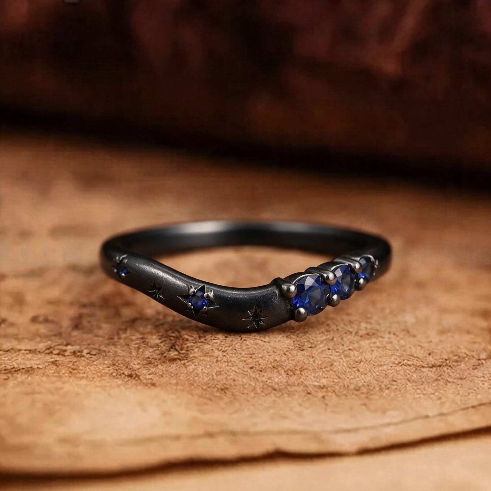 Celestial Sapphire Gold Ring | Curved Stacking Wedding Band | Star Engraved September Births Ring | Unique Anniversary Gift