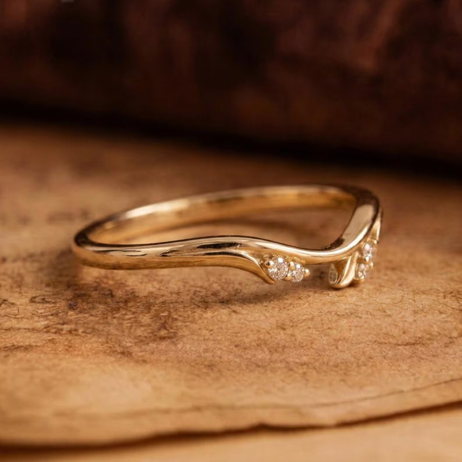 Floral Diamond Ring 14K Solid Gold Chevron Band, Flower Wedding Band with Tiny Moissanite Ivy Band
