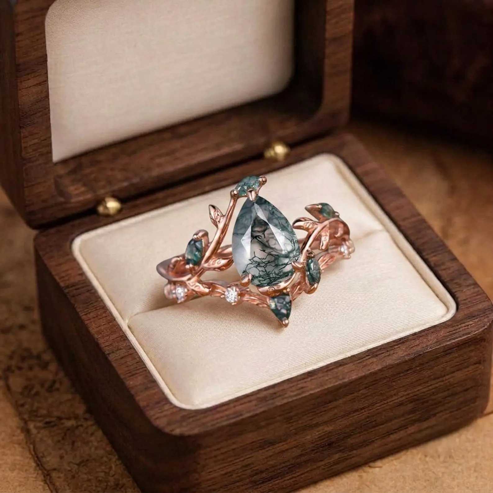 Vintage pear cut green moss agate engagement ring rose gold art deco cluster leaf nature inspired bridal promise wedding ring set women