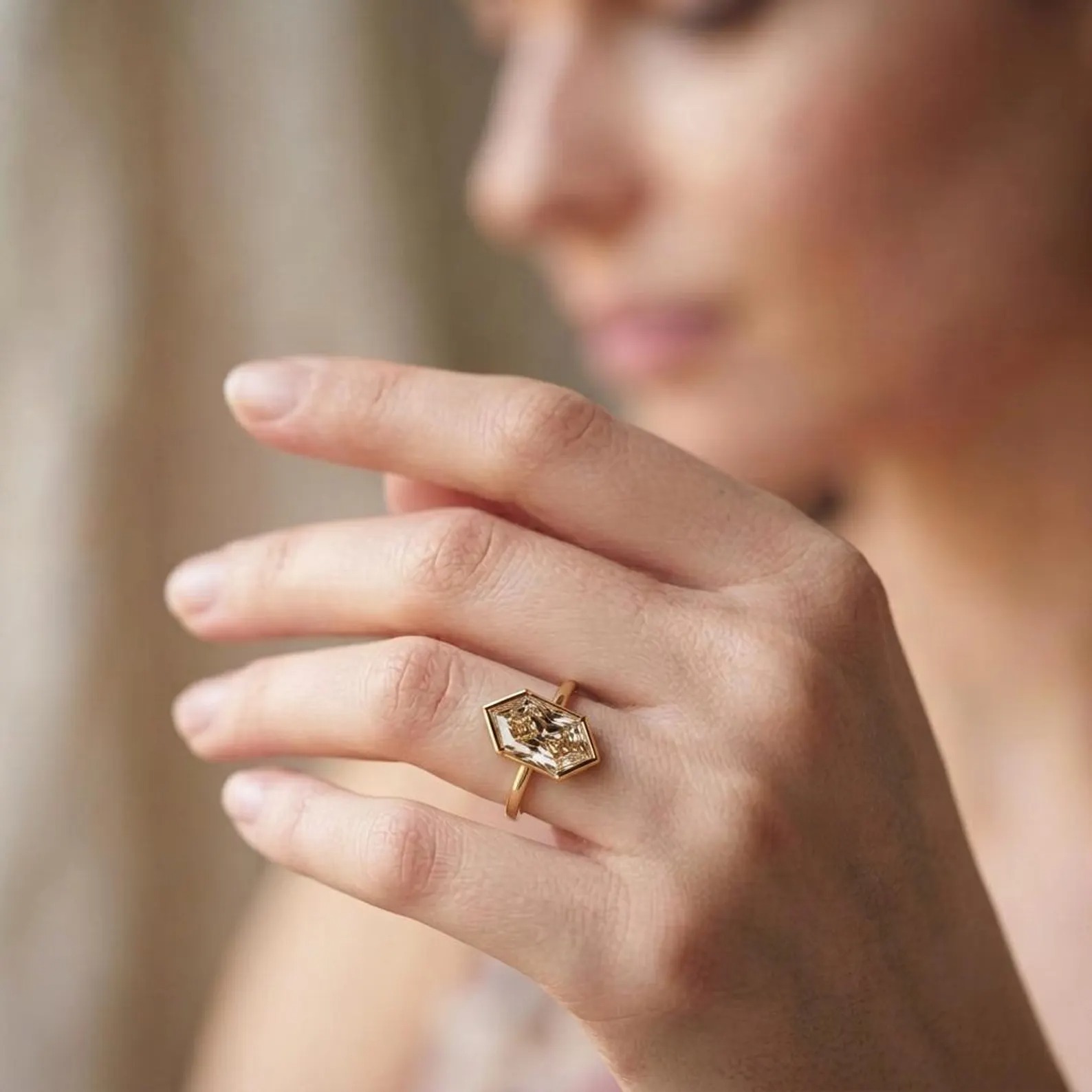 Elongated Hexagon Moissanite Solitaire Ring, Vintage Half Bezel Black Gold, Handmade Anniversary Gift