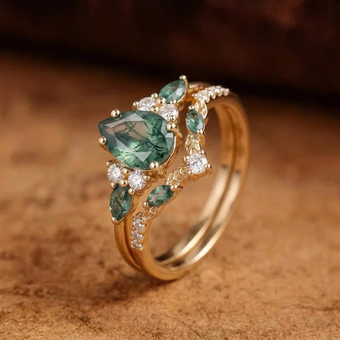Pear Moss Agate Engagement Ring Set Dainty Solid Gold Green Agate Wedding Ring Diamond Filigree Bridal Set Nature Inspired Promise Ring