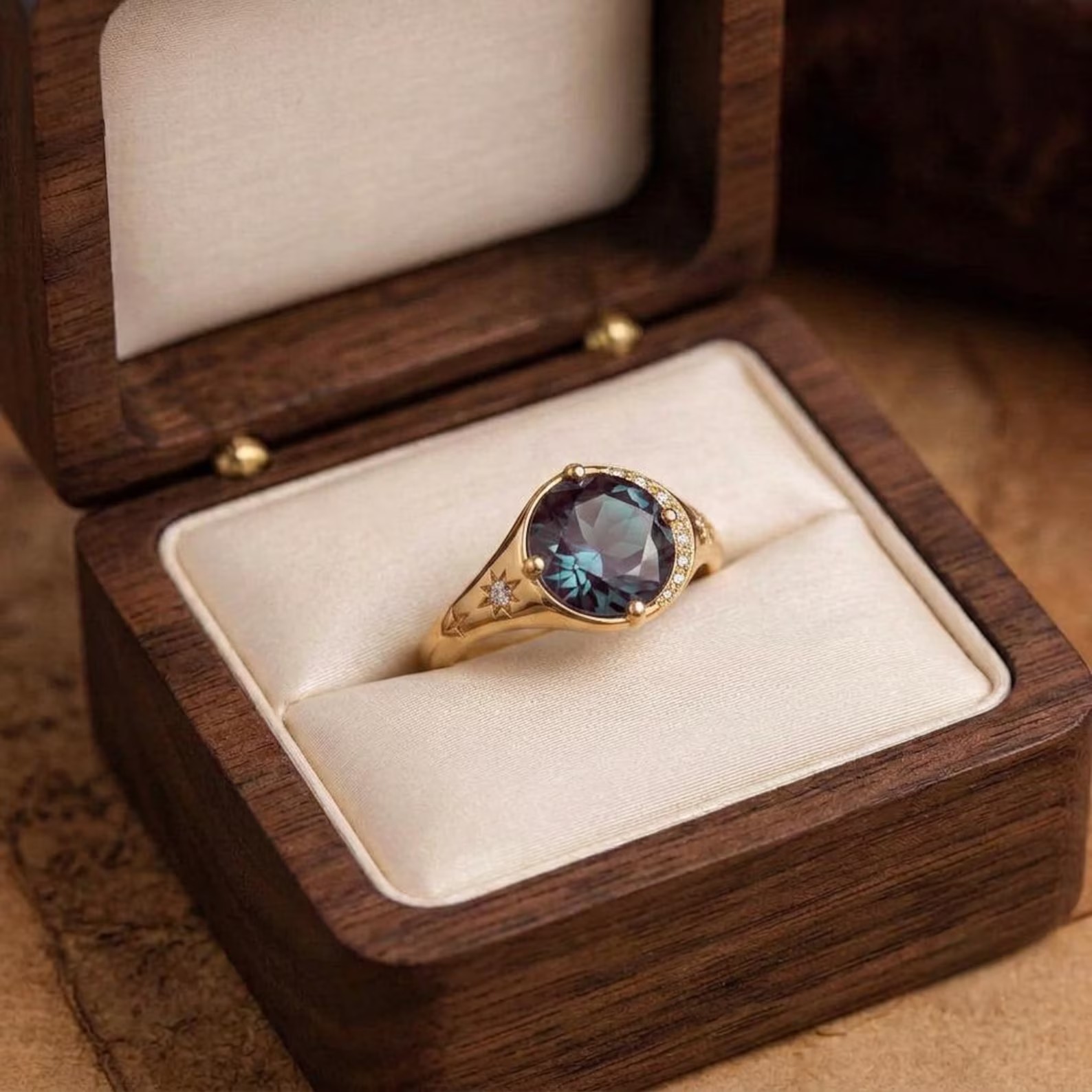 Vintage Alexandrite 14k Gold Eclipse alexandrite ring Unique Chatham alexandrite engagement ring Wedding Ring