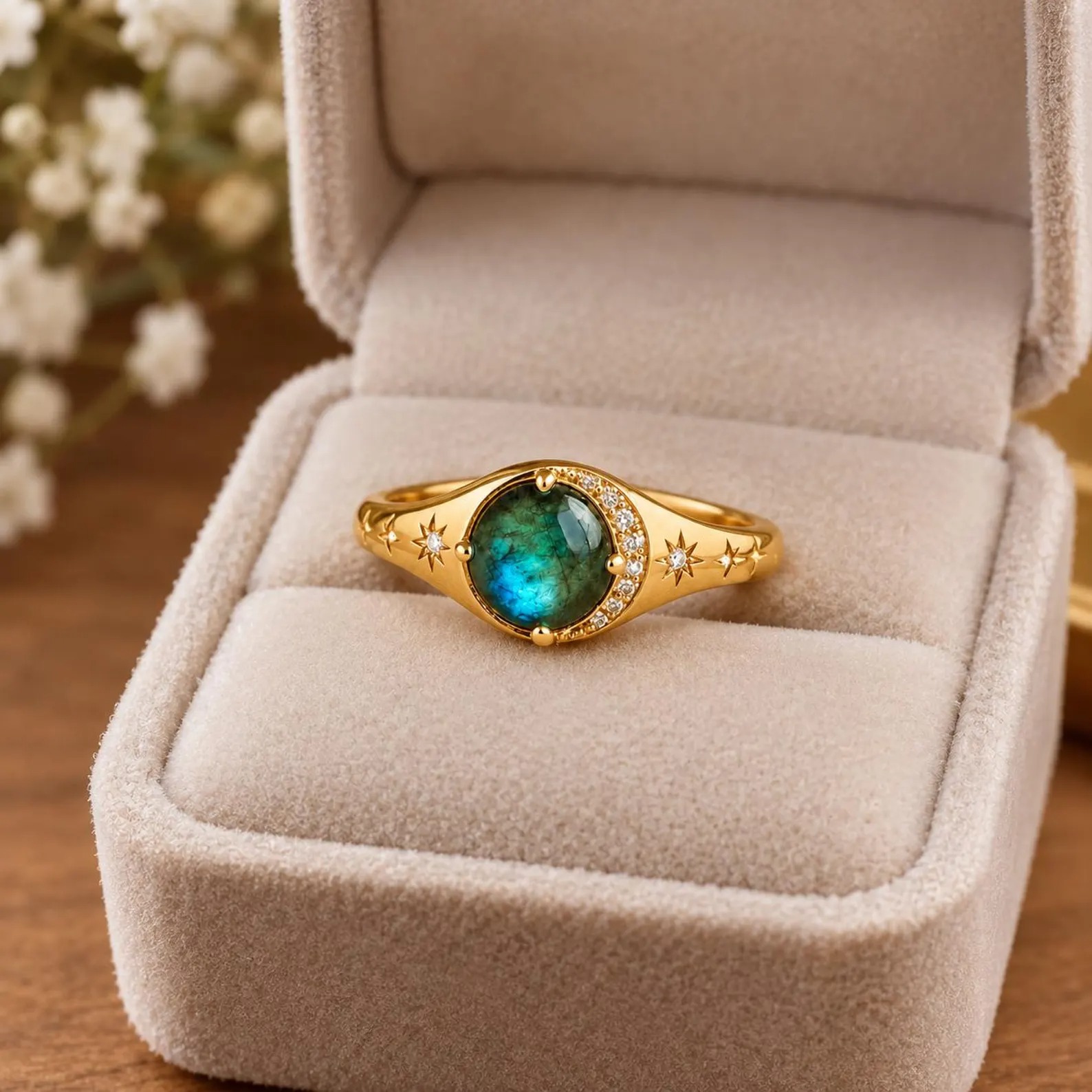 Vintage Natural Labradorite Diamond Summer jewelry, Moon Crescent Wedding Ring Diamond Moon And Star Ring Minimalist Summer Gift Anniversary