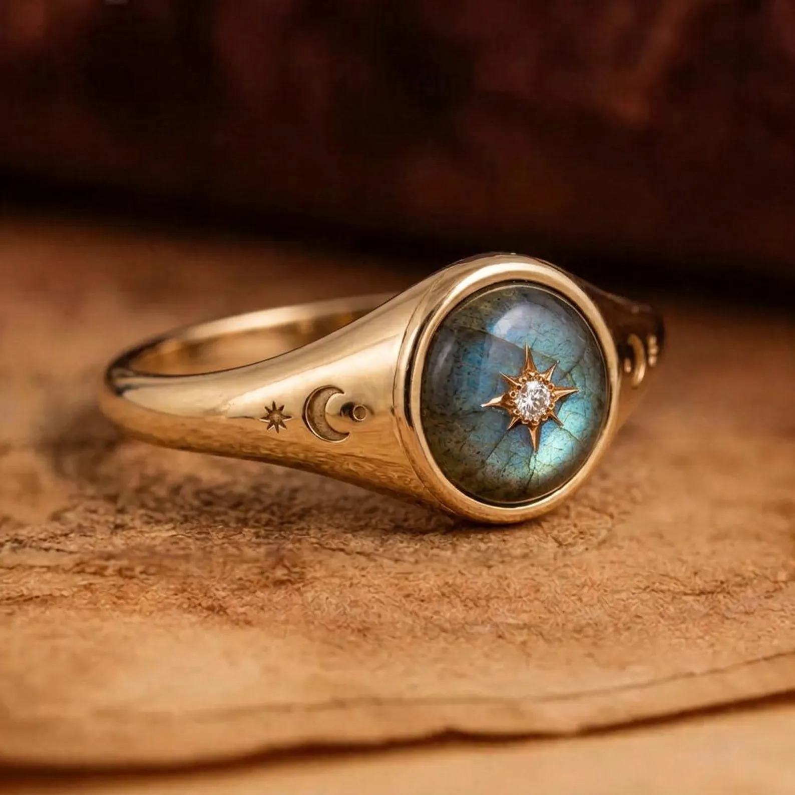 Natural Labradorite Signet Ring, Celestial Gold Ring, Moissanite Star Ring, Blue Flash Gemstone, Vintage Gift for Her