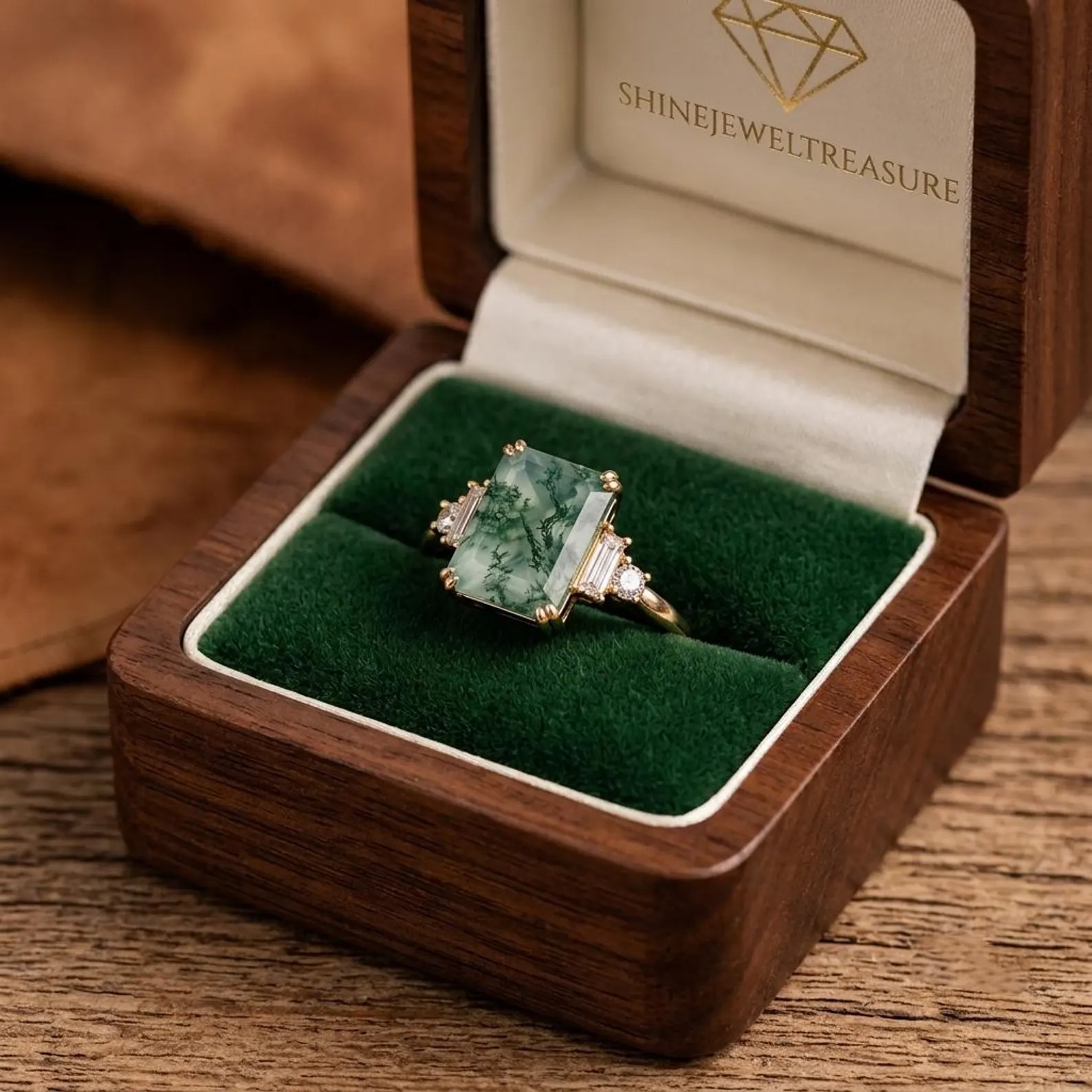 Emerald Cut Engagement Ring in 14k Solid Gold / 1.50 CT Moss Agate Engagement Ring / Emerald Art Deco Moss Agate Ring / Gold Promise Ring