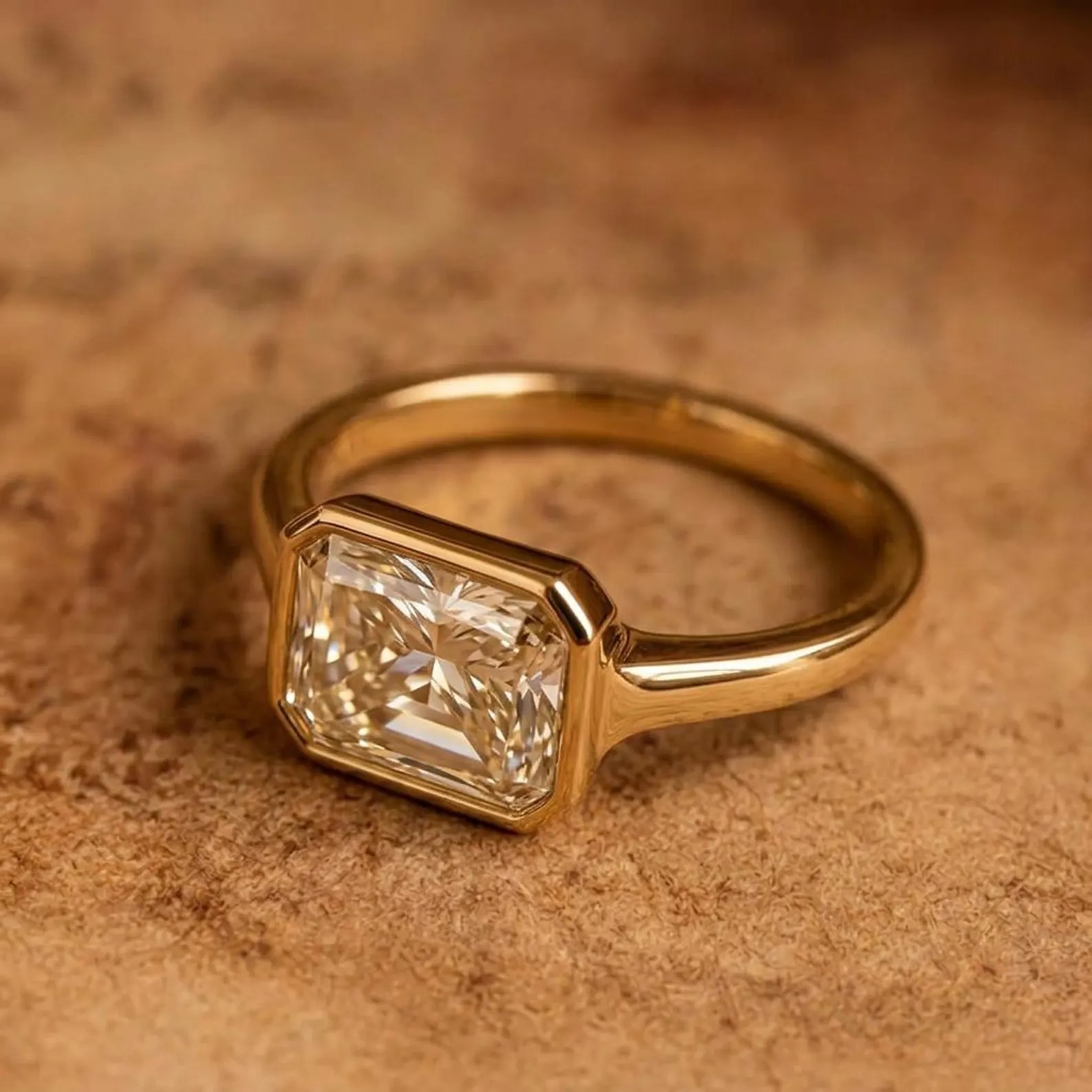 East West Radiant Cut Moissanite Engagement Ring, Bezel Set Radiant Moissanite Ring, 14K Yellow Gold ,Vintage Style Solitaire Luxury Ring