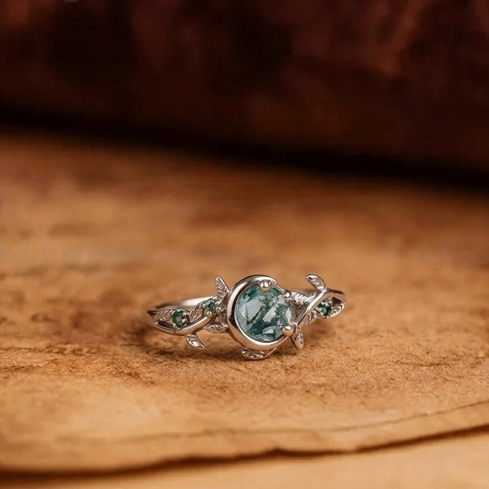 Moss Agate Gold Ring • Round Moss Agate Ring • Leaf Vine Nature Design • Handmade Green Stone Ring • Round Emerald Ring