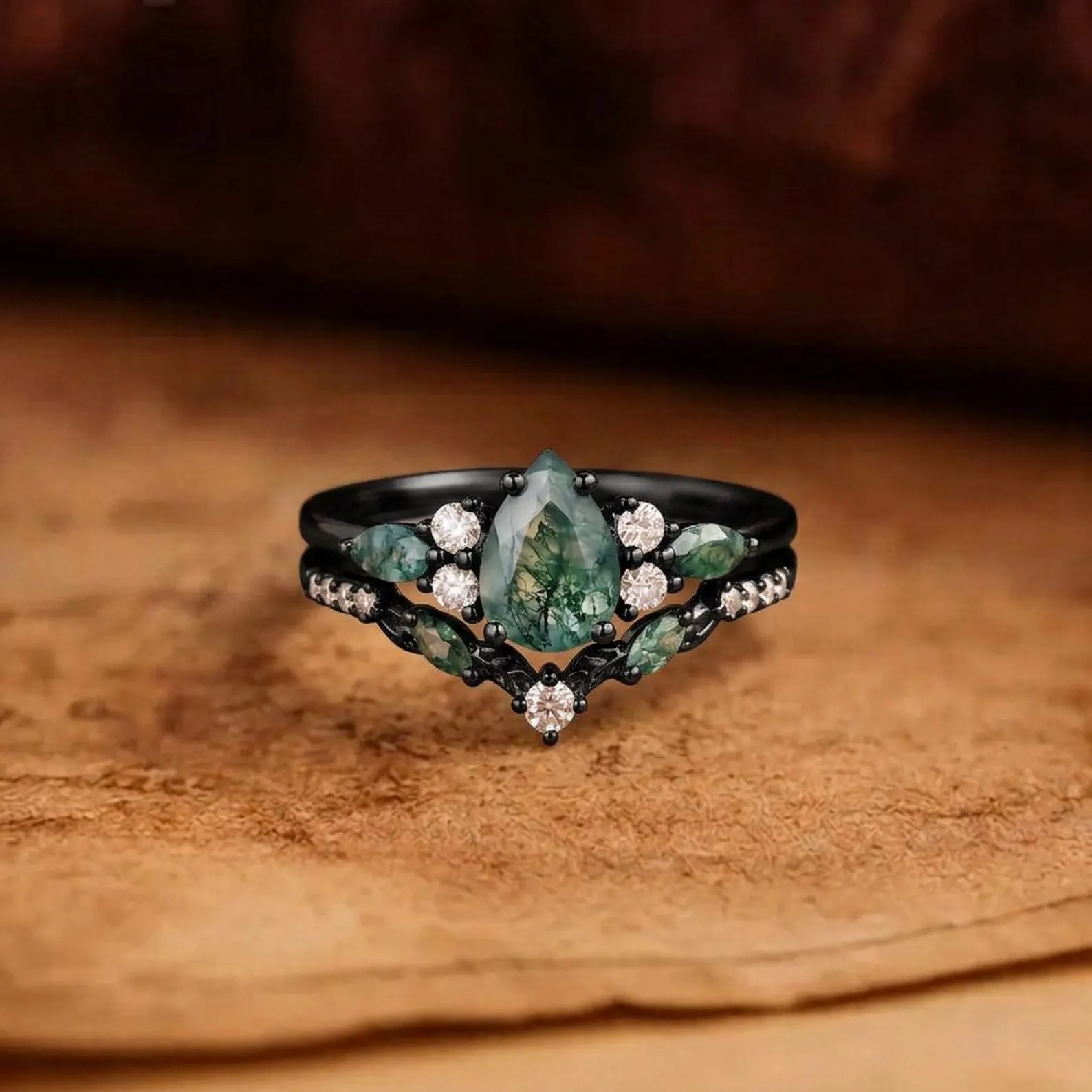 Pear Moss Agate Engagement Ring Set Dainty Solid Gold Green Agate Wedding Ring Diamond Filigree Bridal Set Nature Inspired Promise Ring