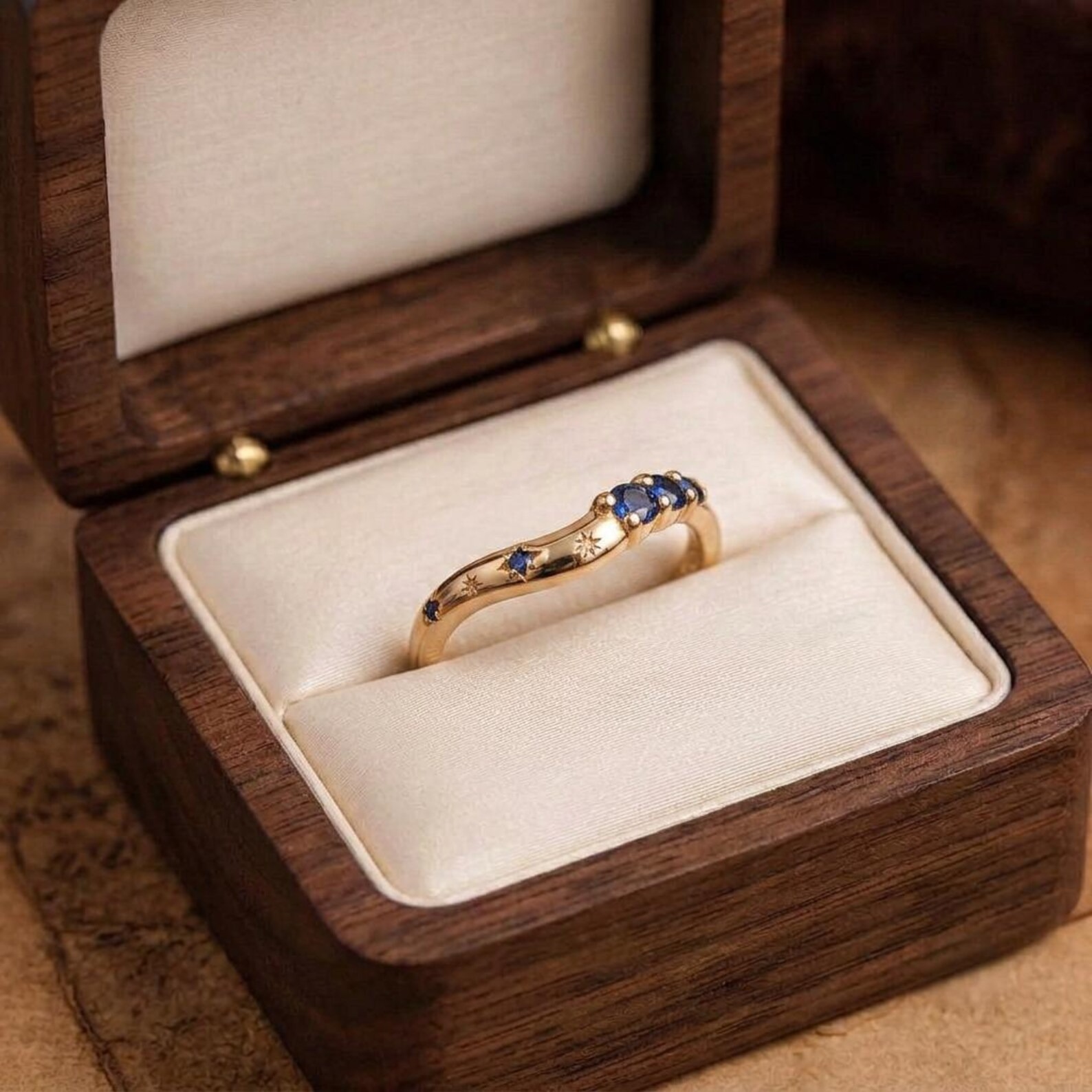 Celestial Sapphire Gold Ring | Curved Stacking Wedding Band | Star Engraved September Births Ring | Unique Anniversary Gift
