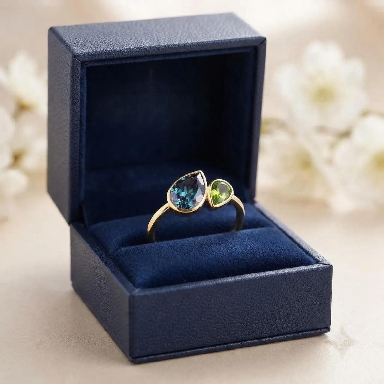 Vintage Pear-Shaped Alexandrite Engagement Ring Yellow gold art deco Peridot ring pear Bezel Set Gold rings unique anniversary bridal ring