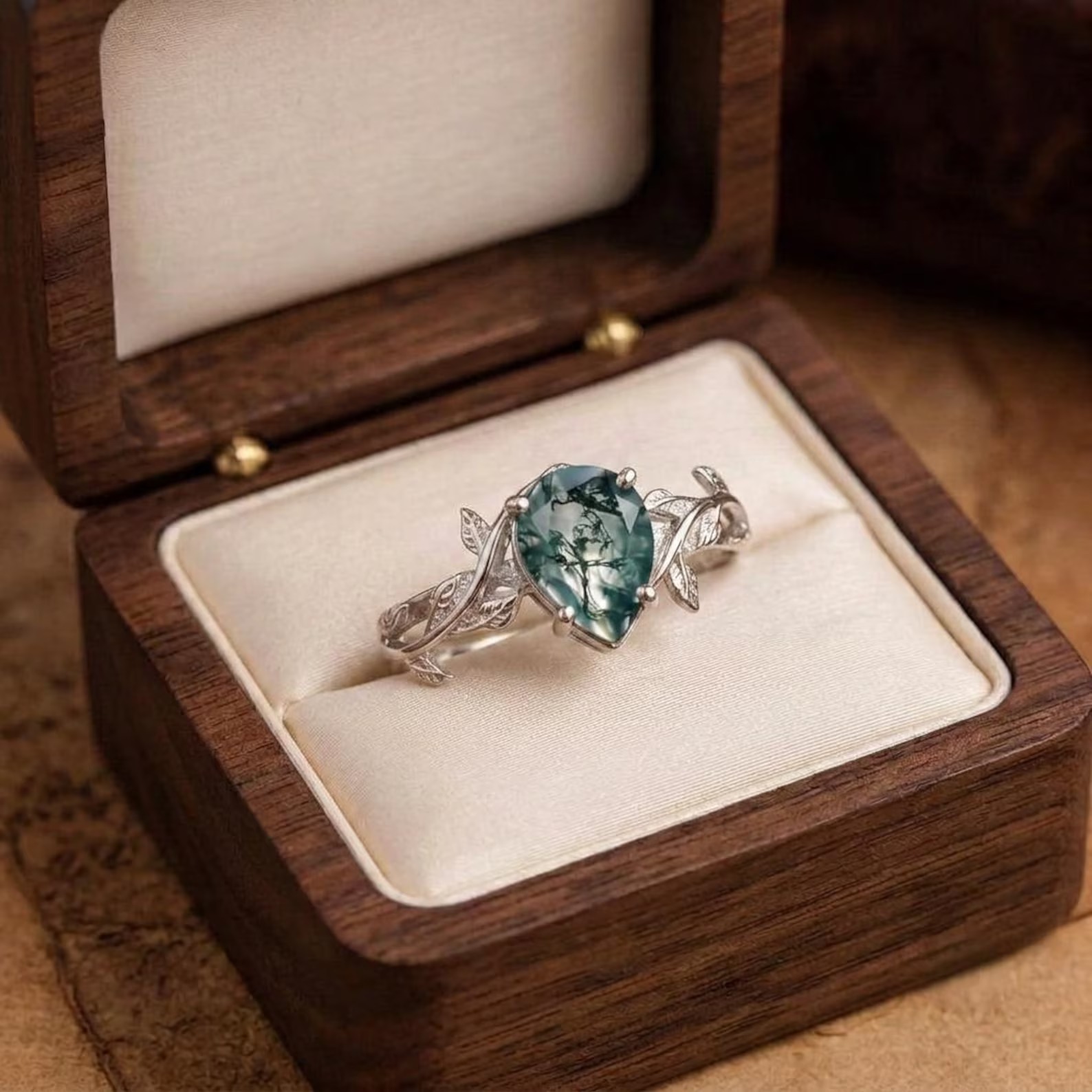 Silver Ring + Box, Moss Agate Leaf & Vine Natural Style Ring, Minimalist Dainty Jewelry Engagement Ring, Birthday Gift for Her, Mom, Wife