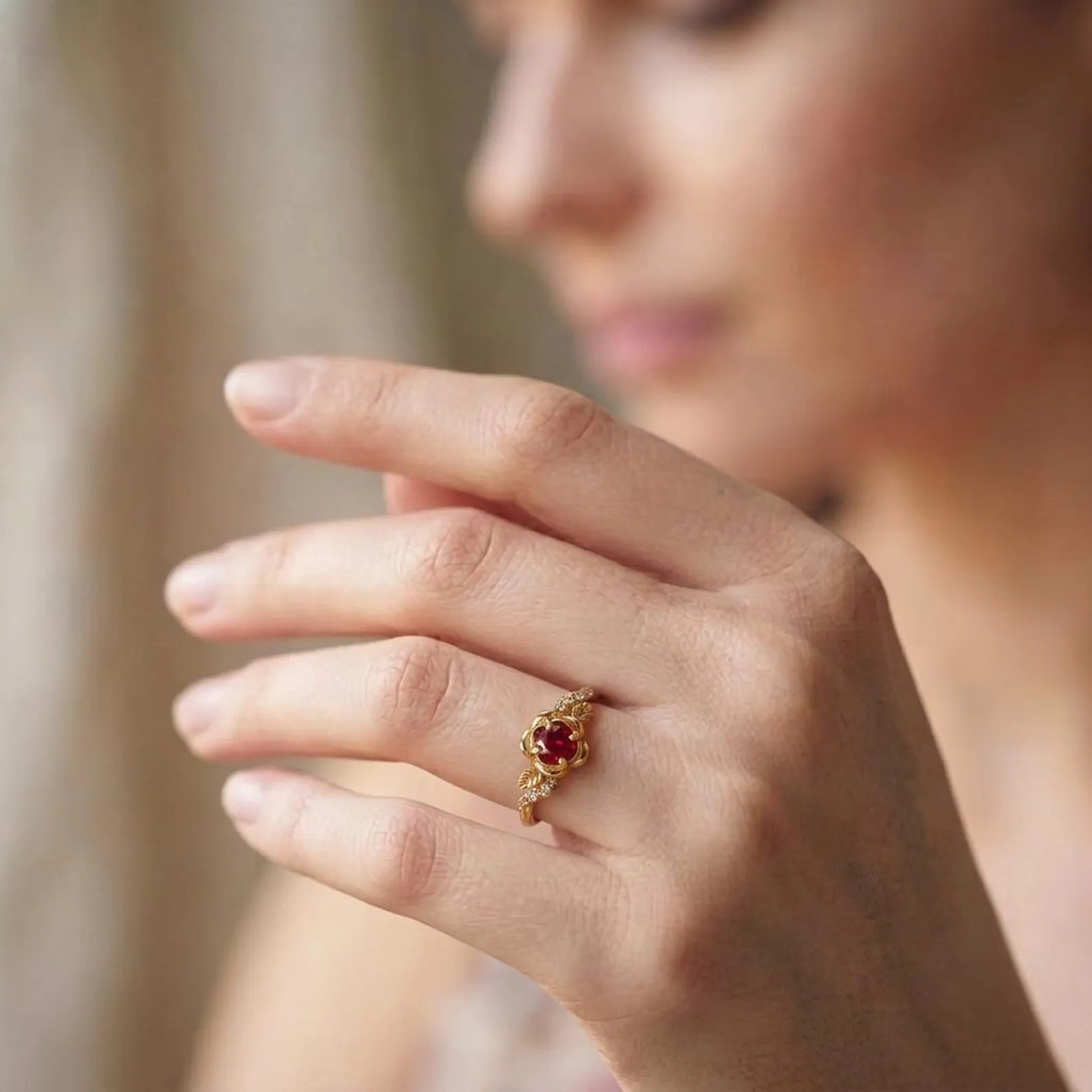 Flower Ruby Engagement Ring, Floral Twist Promise Ring for Women, Nature Inspired Leaf Wedding Ring, July Birthstone