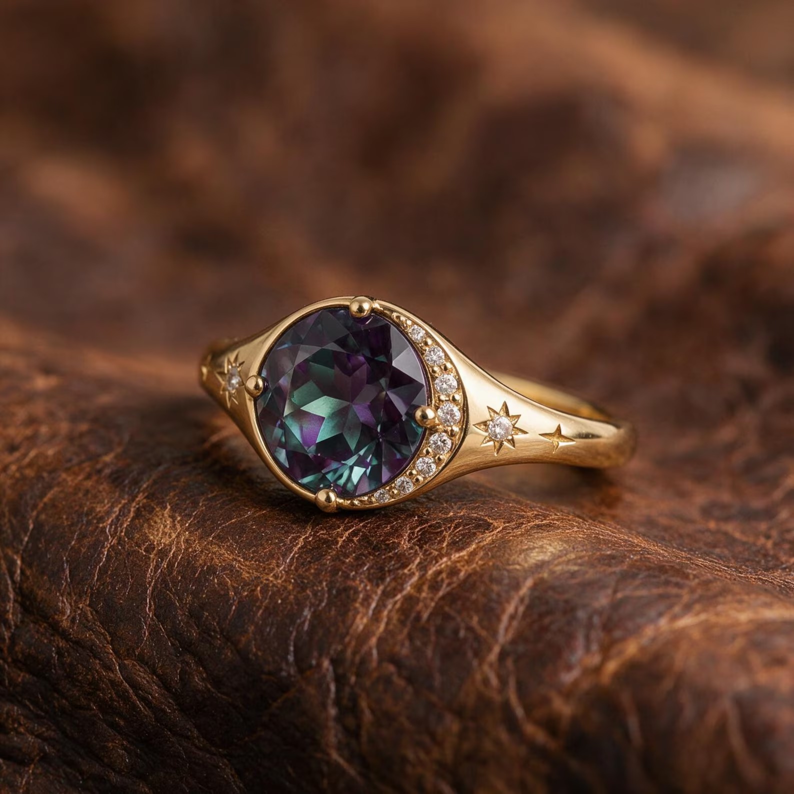 Vintage Alexandrite 14k Gold Eclipse alexandrite ring Unique Chatham alexandrite engagement ring Wedding Ring