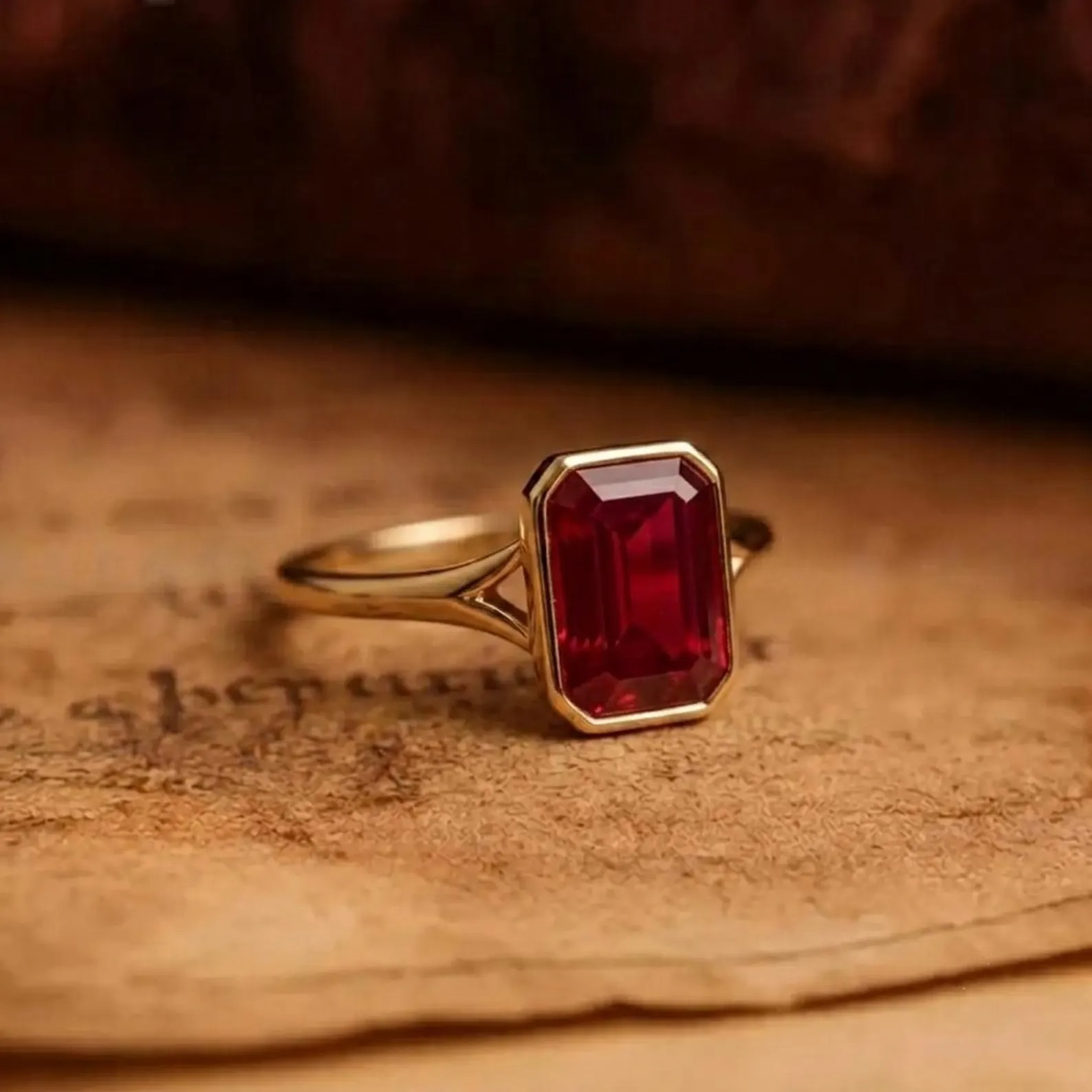 Emerald Cut Lab Ruby Engagement Ring - 14K Yellow Gold July Birthstone Ring Solitaire Promise Wedding Jewellery unique Bridal Ring