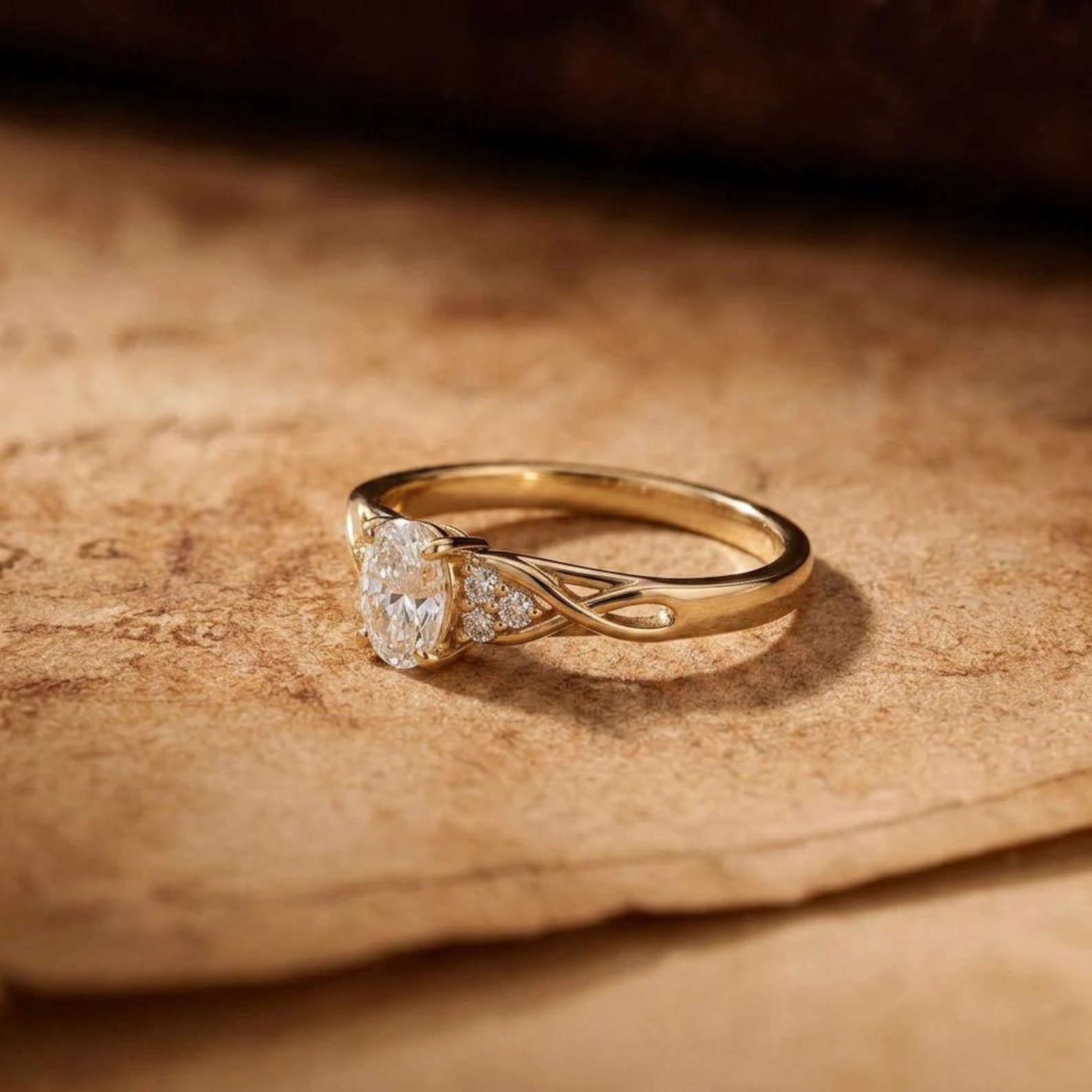 14k Solid Gold Oval Moissanite Engagement Ring, Twist Vine Solitaire Ring, Pave Infinity Moissanite Ring, Unique Leaf Style Bridal Ring
