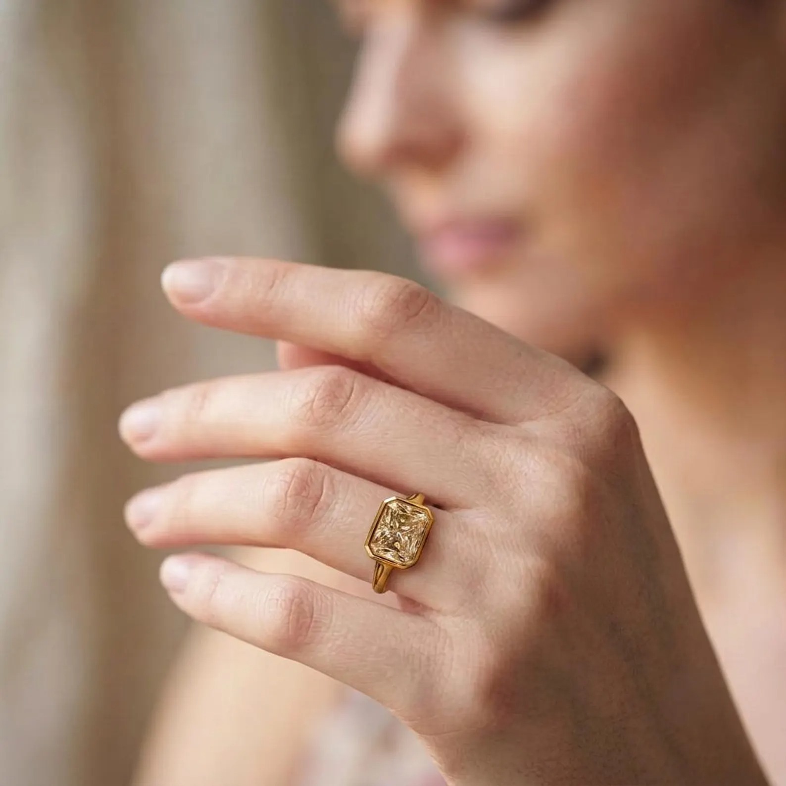 East West Radiant Cut Moissanite Engagement Ring, Bezel Set Radiant Moissanite Ring, 14K Yellow Gold ,Vintage Style Solitaire Luxury Ring