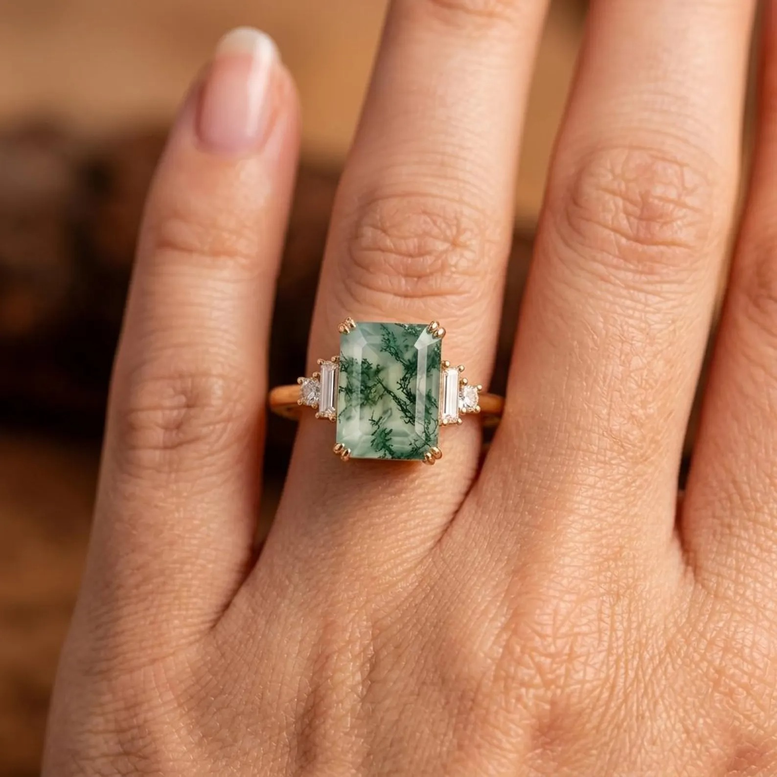 Emerald Cut Engagement Ring in 14k Solid Gold / 1.50 CT Moss Agate Engagement Ring / Emerald Art Deco Moss Agate Ring / Gold Promise Ring