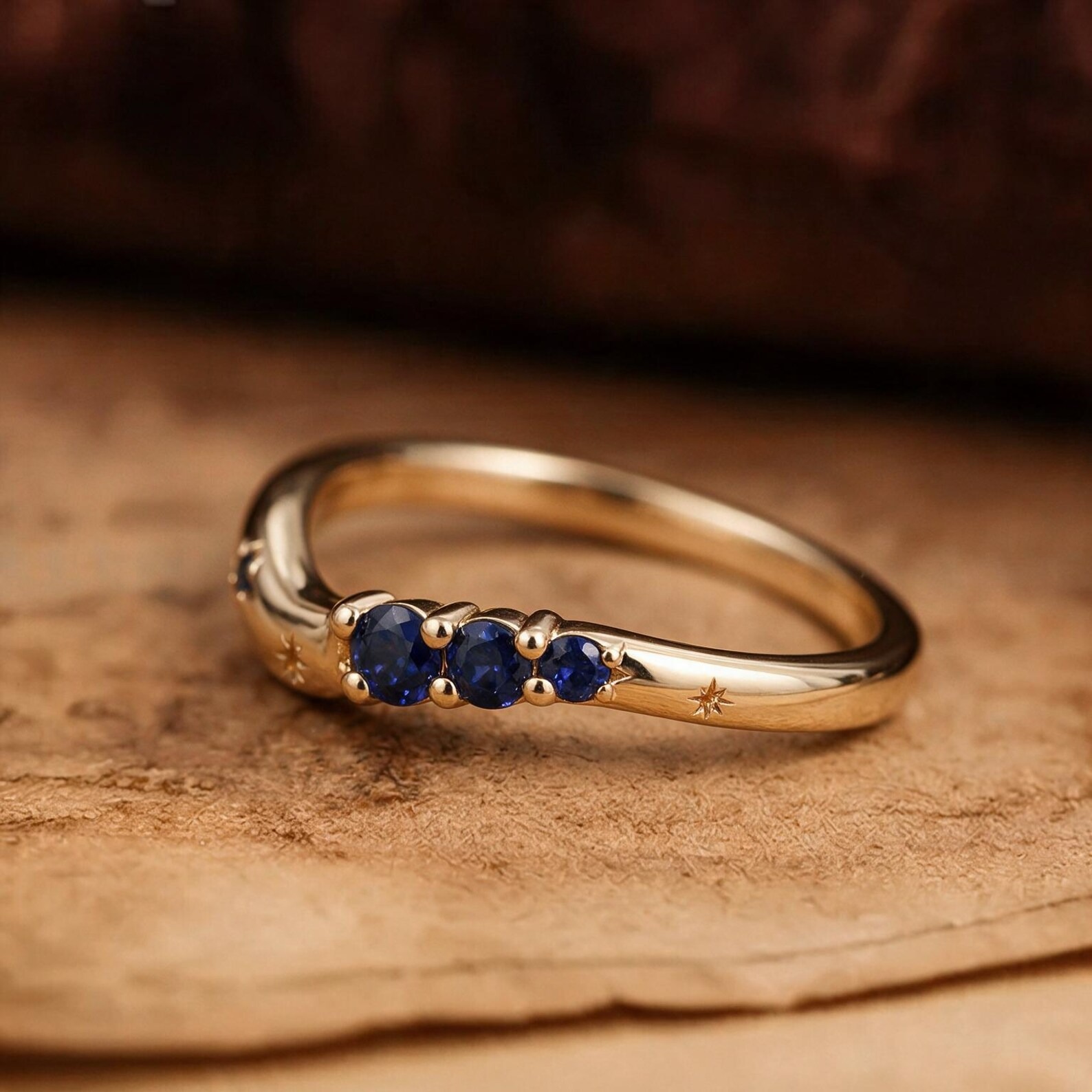 Celestial Sapphire Gold Ring | Curved Stacking Wedding Band | Star Engraved September Births Ring | Unique Anniversary Gift