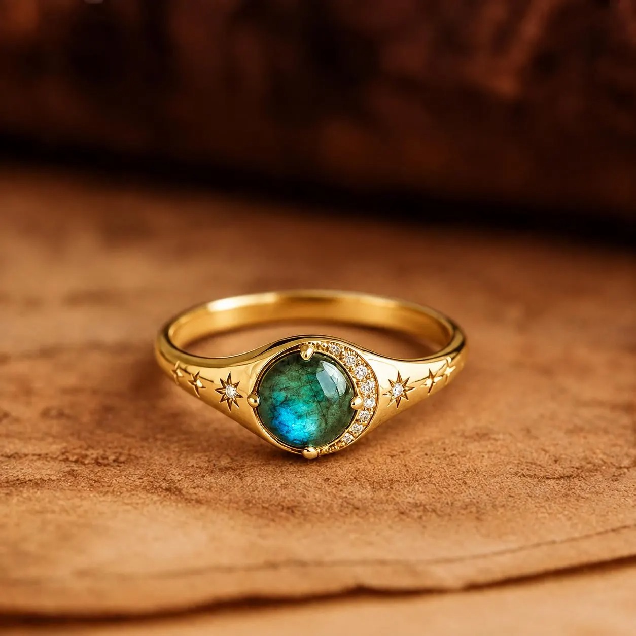 Vintage Natural Labradorite Diamond Summer jewelry, Moon Crescent Wedding Ring Diamond Moon And Star Ring Minimalist Summer Gift Anniversary