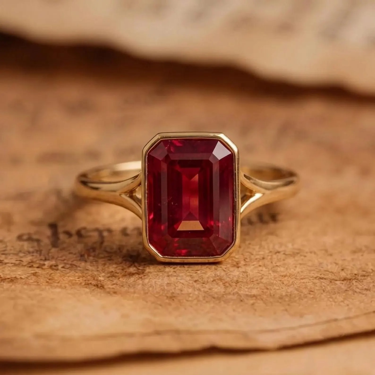 Emerald Cut Lab Ruby Engagement Ring - 14K Yellow Gold July Birthstone Ring Solitaire Promise Wedding Jewellery unique Bridal Ring