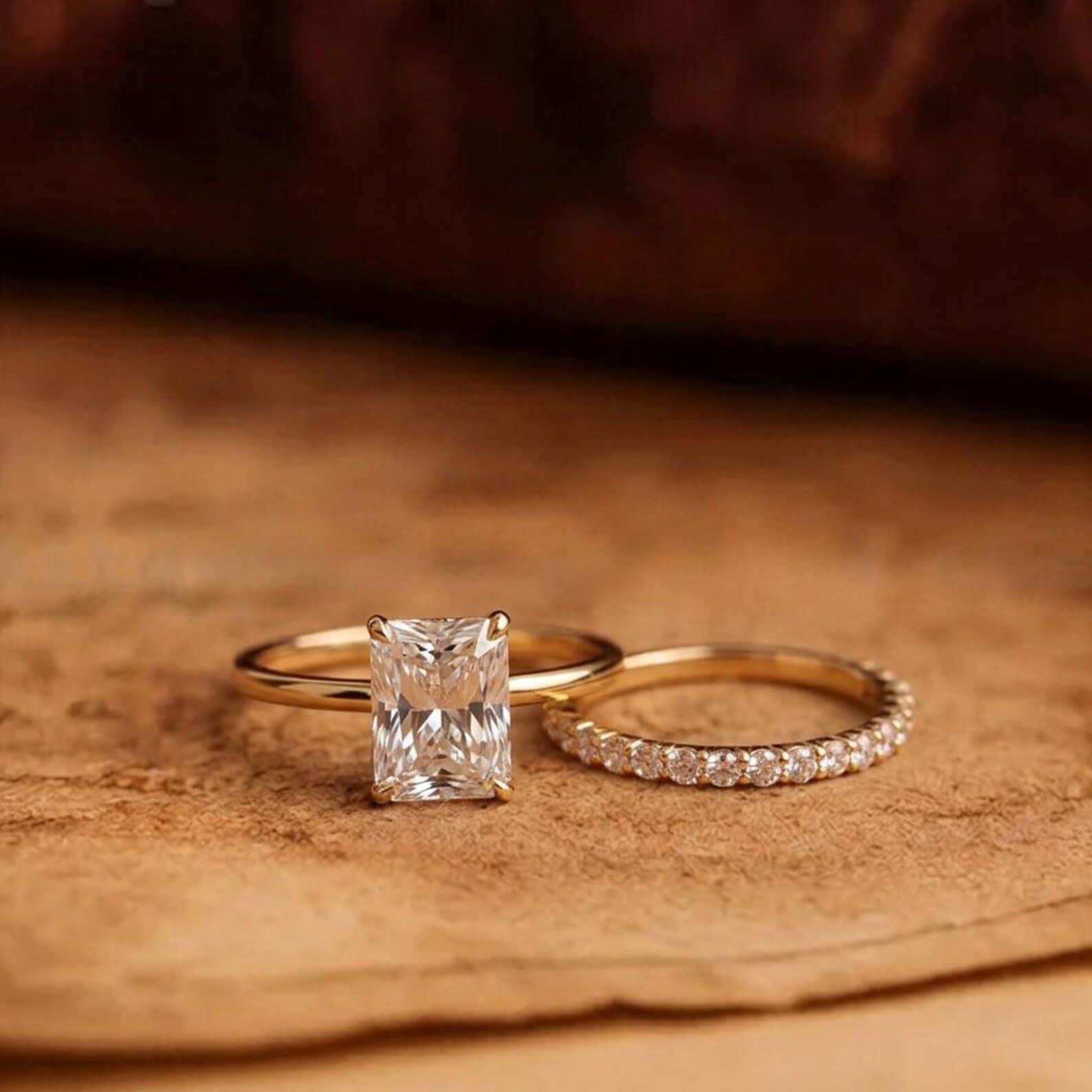 Hidden halo.Gold over Sterling Silver 925 Bridal Set with 3CT Radiant Cut CZ engagement ring with hidden halo and half eternity band.