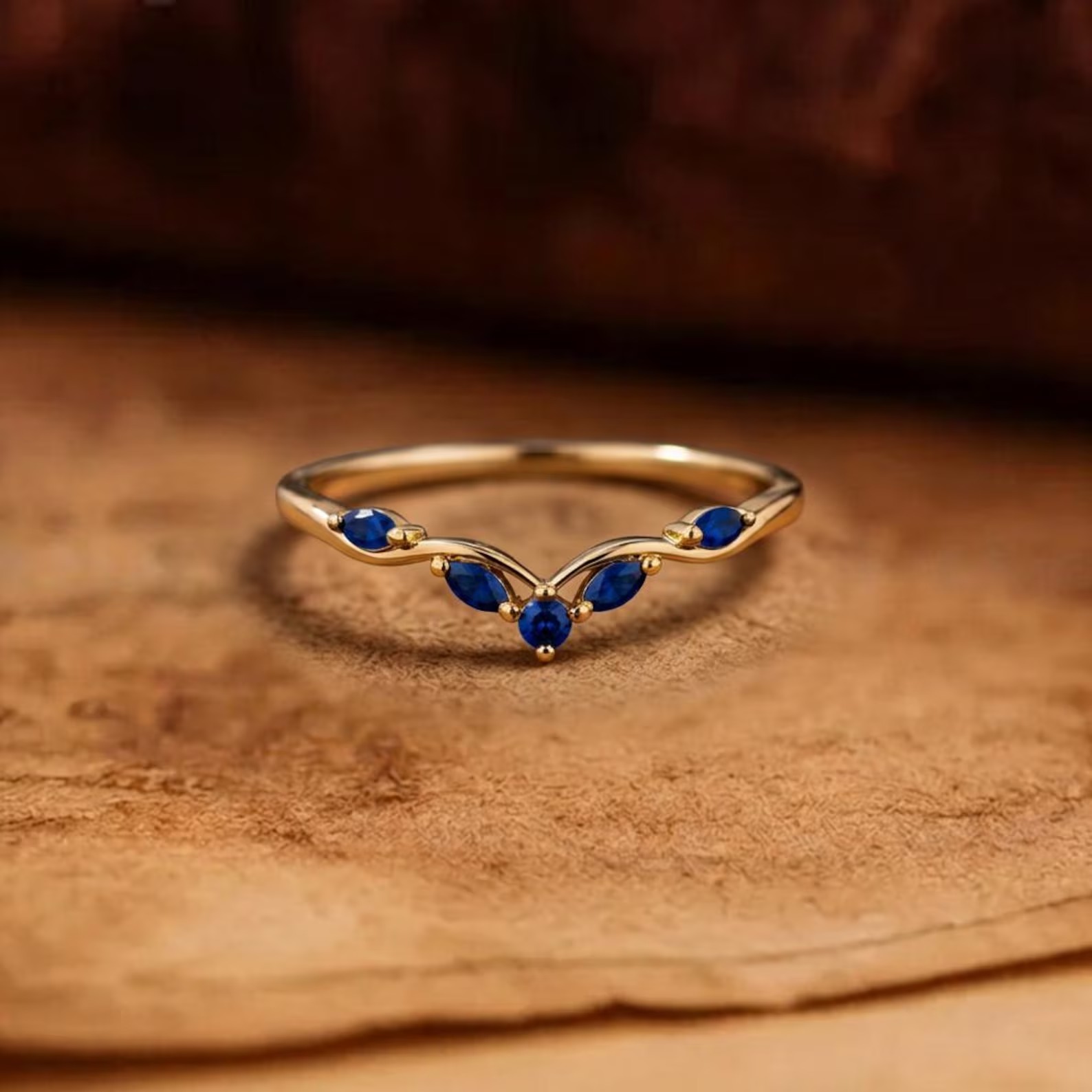 Blue Sapphire Curved Wedding Band, Marquise Sapphire Ring, Chevron Stacking Ring, Minimalist Gold Promise Ring for Women, Wedding Band