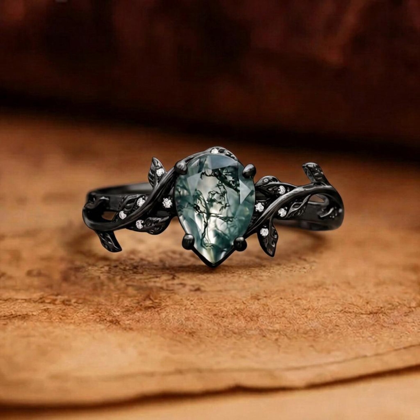 Silver Ring + Box, Moss Agate Leaf & Vine Natural Style Ring, Minimalist Dainty Jewelry Engagement Ring, Birthday Gift for Her, Mom, Wife