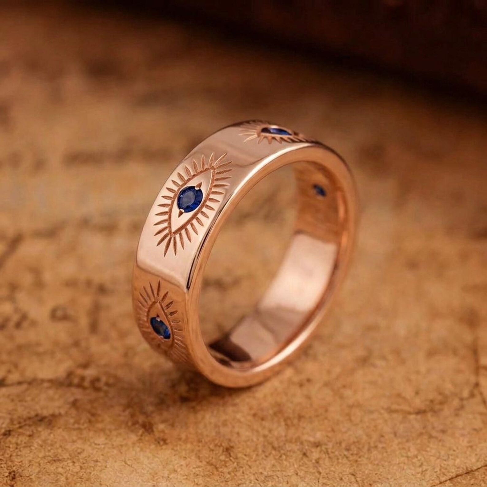 Vintage Karma Eya Sapphire ERing Evil Eye Engraved Band is in 14K Solid Gold & Variants, Women Jewelry Gift for Her, Wide Minimalist Ring